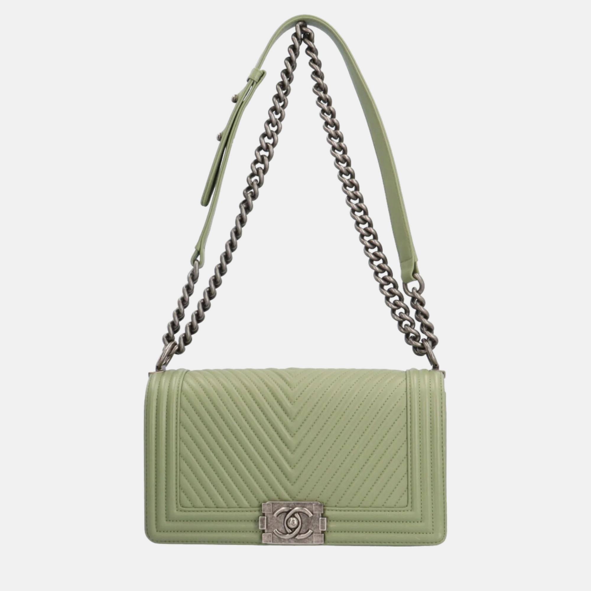 Chanel green chevron leather medium boy flap bag