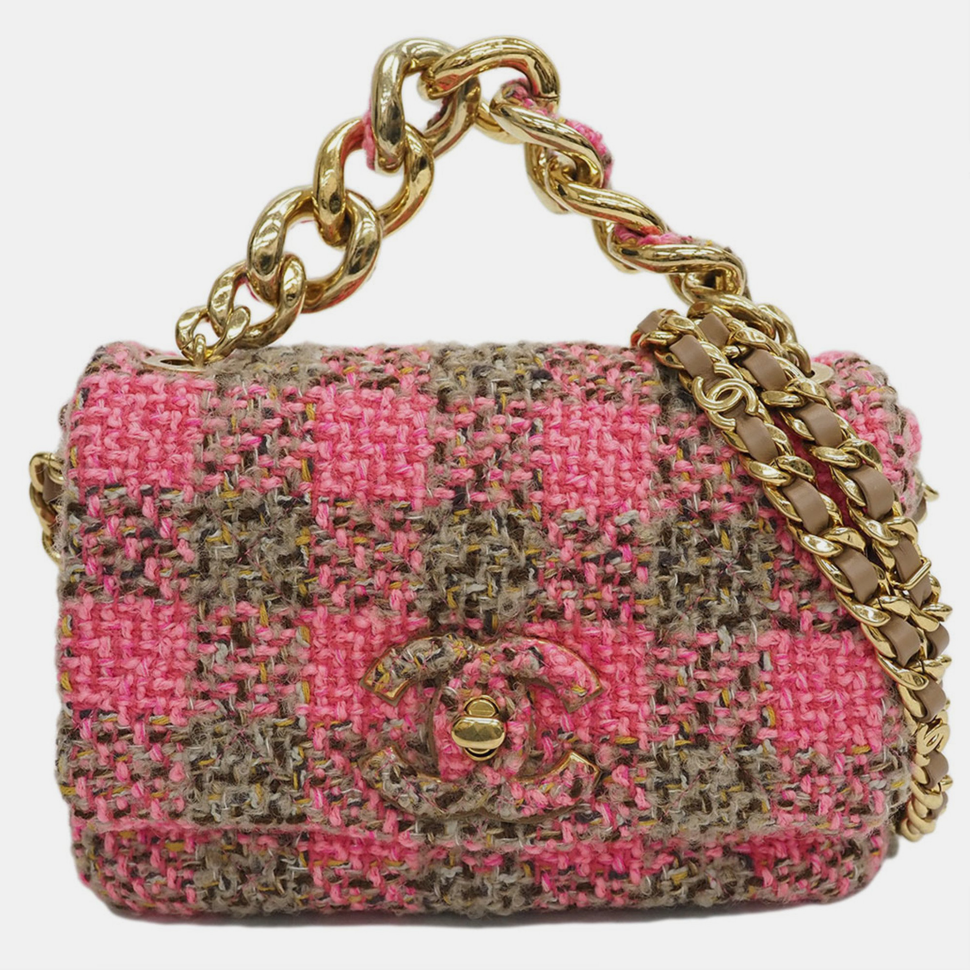 Chanel quilted tweed small elegant chain flap bag