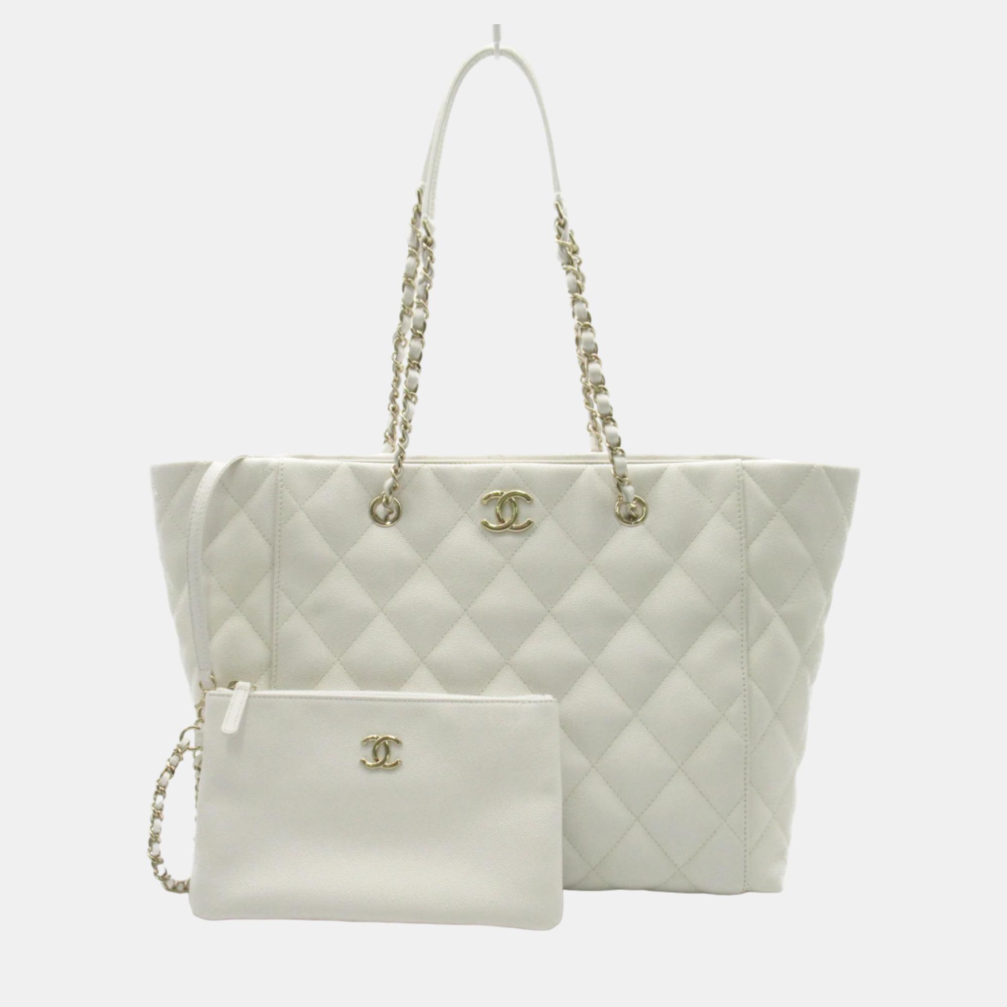 

Chanel Quilted Caviar Large CC Daily Shopper Chain Tote Bag, White