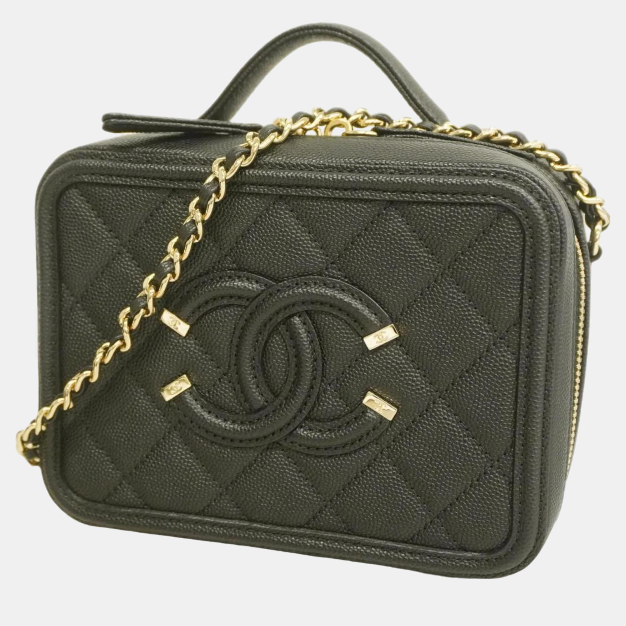 Chanel black leather  filigree shoulder bags