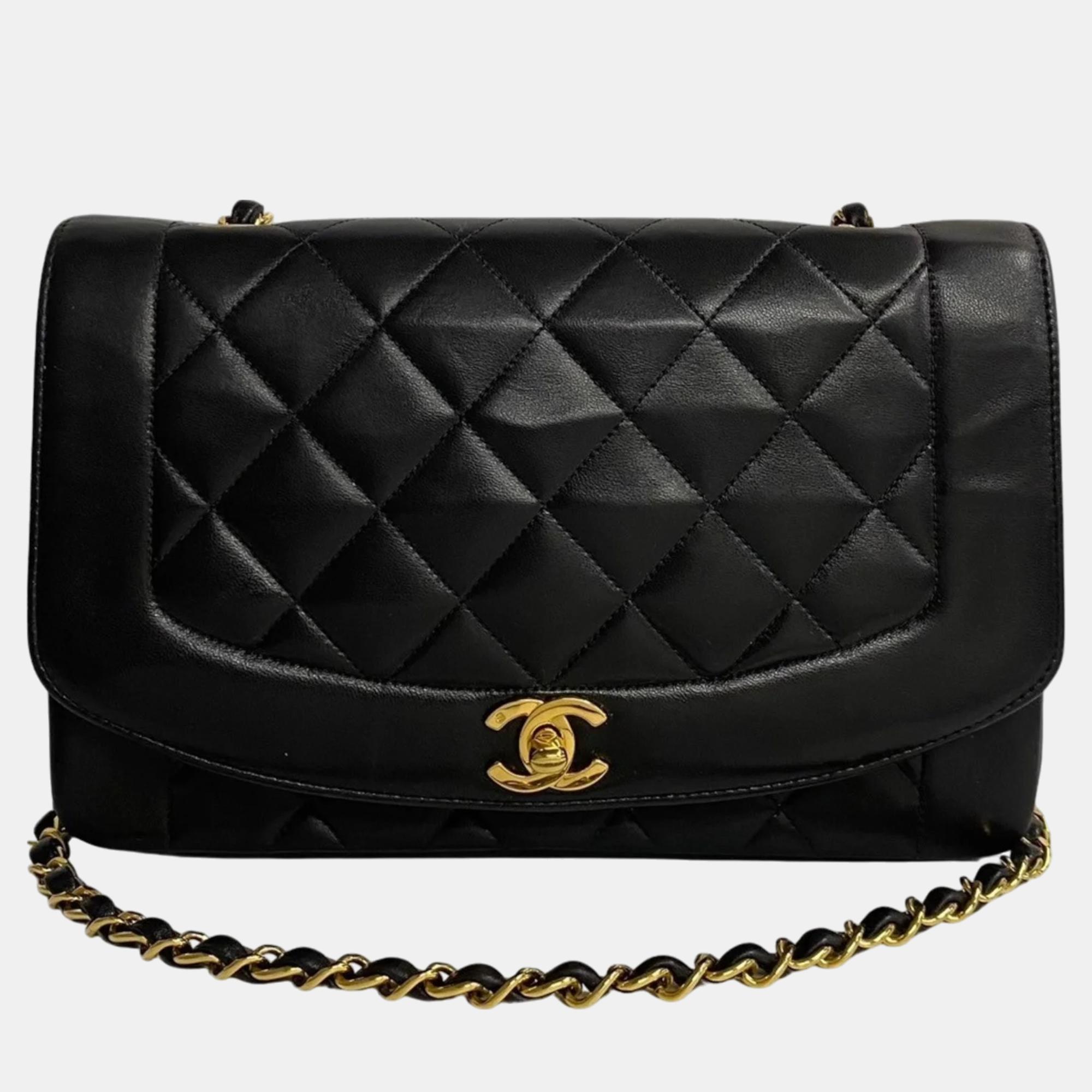 Chanel black lambskin leather vintage diana shoulder bag