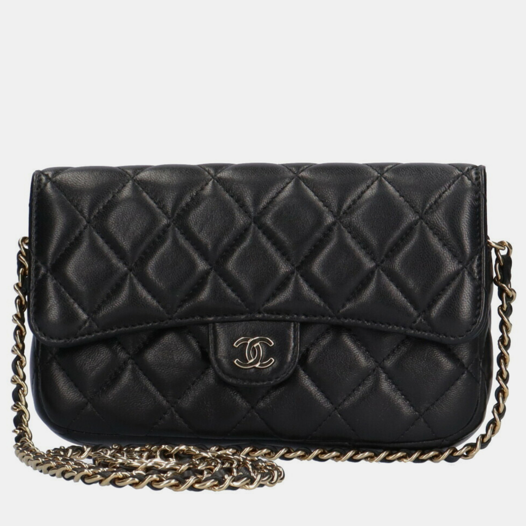 Chanel black caviar quilted flap phone holder with chain