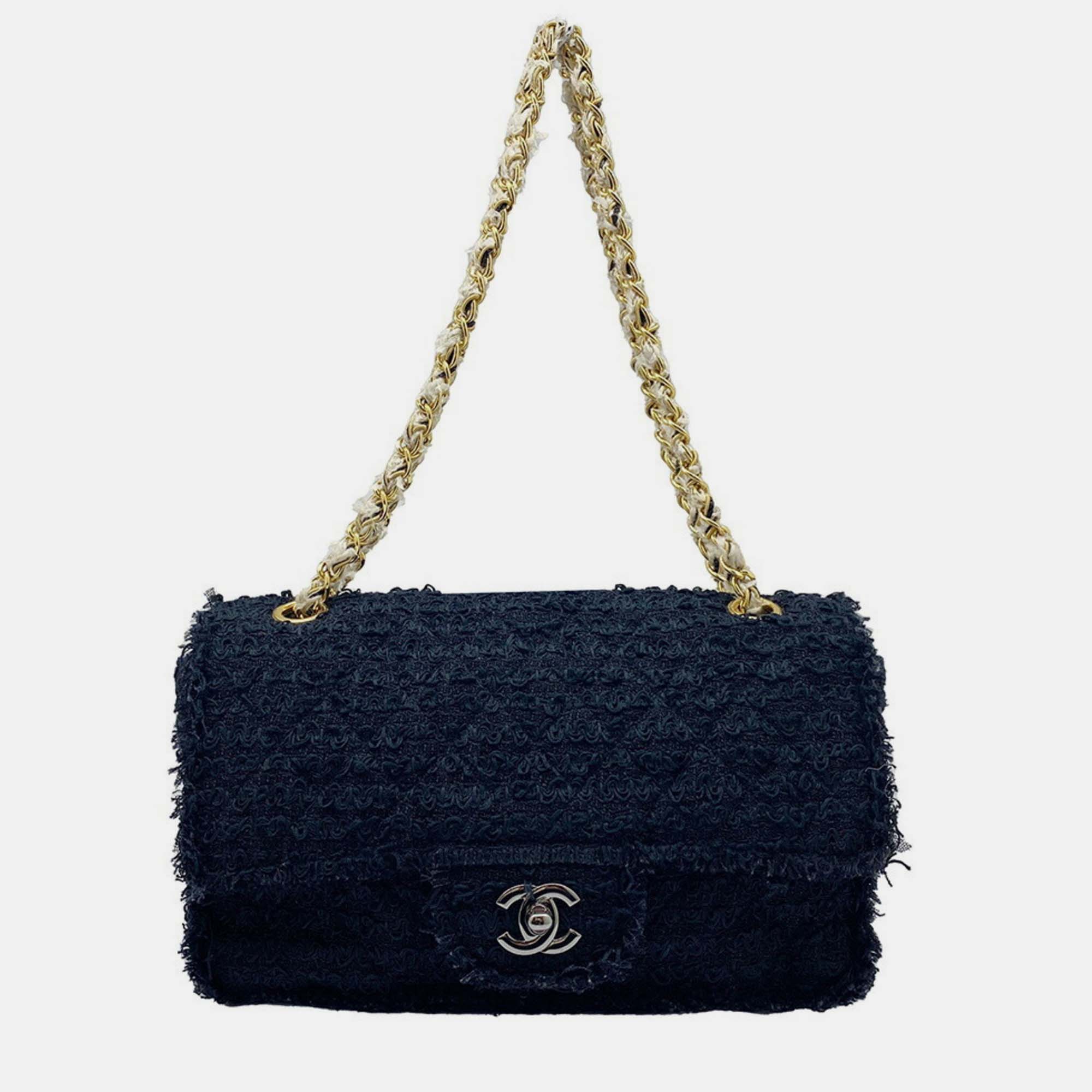 Chanel black tweed matelasse medium single flap shoulder bag