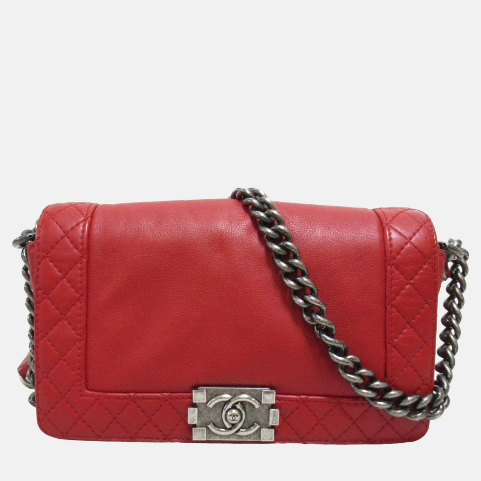 Chanel red leather medium reverso boy bag