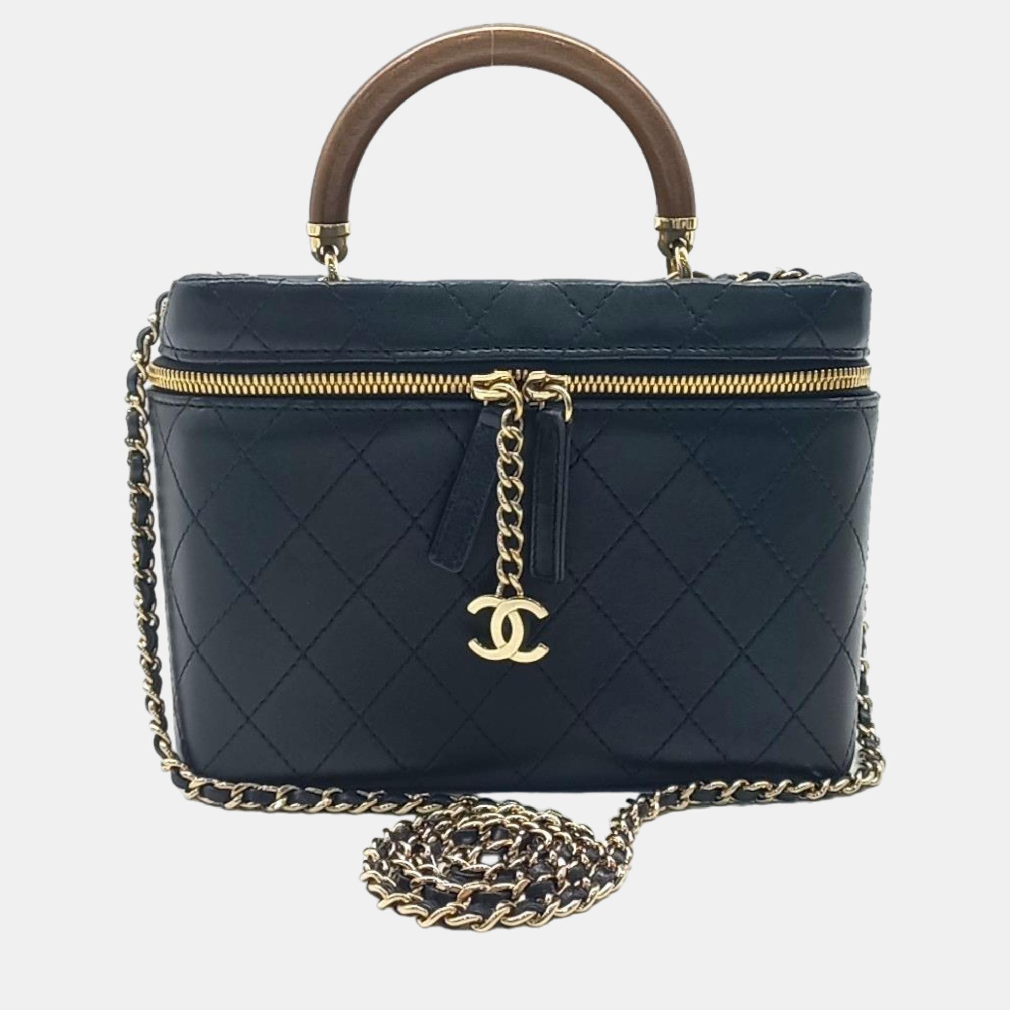 Chanel black leather vanity cosmetic bag