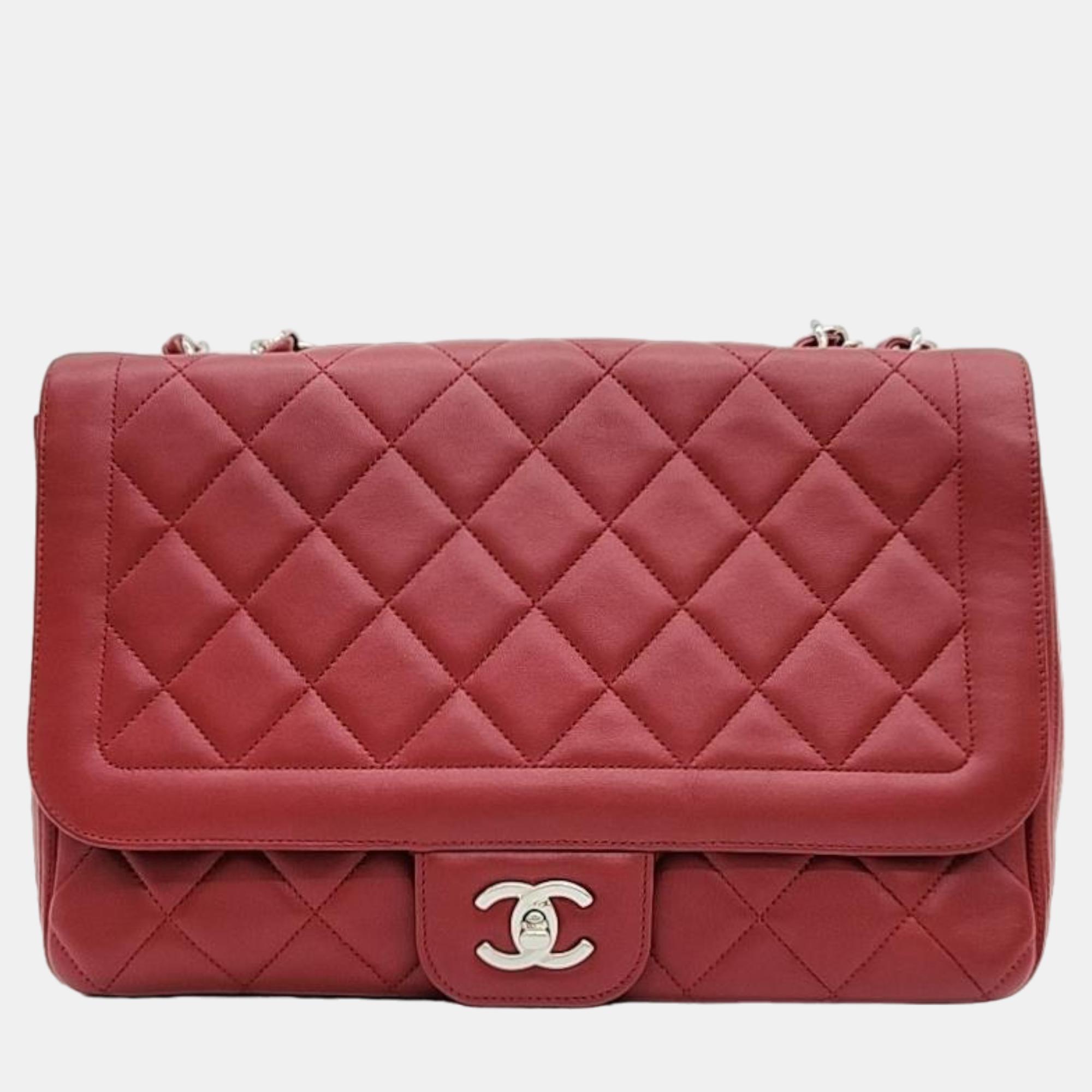 Chanel red leather flap shoulder bag