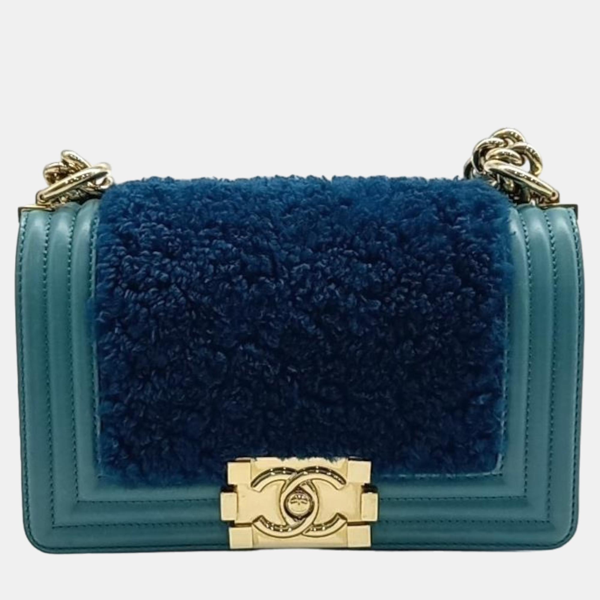 Chanel green and blue leather and shearling boy bag mini