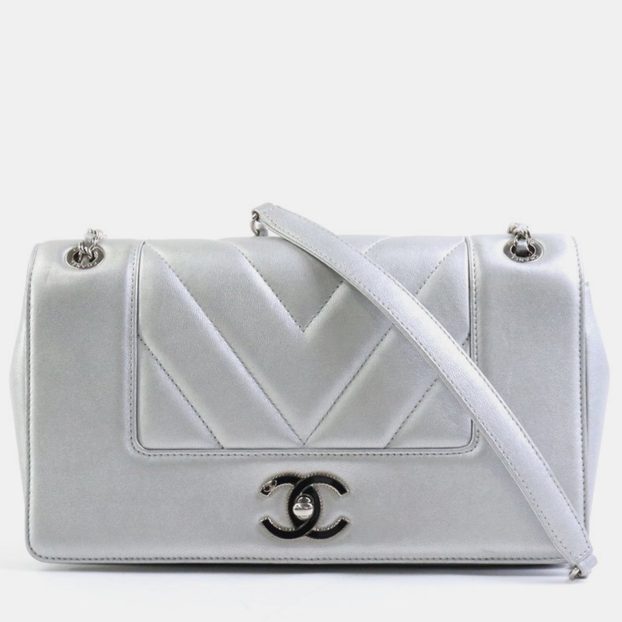 Chanel silver metallic leather chevron mademoiselle vintage flap bag