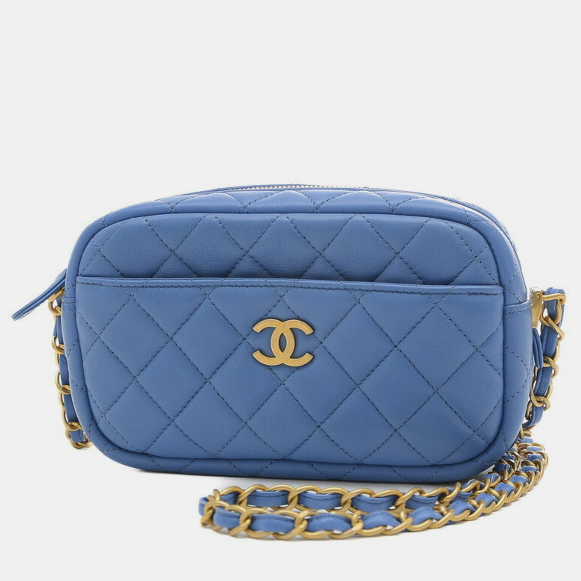 Chanel blue quilted lambskin mini camera case bag