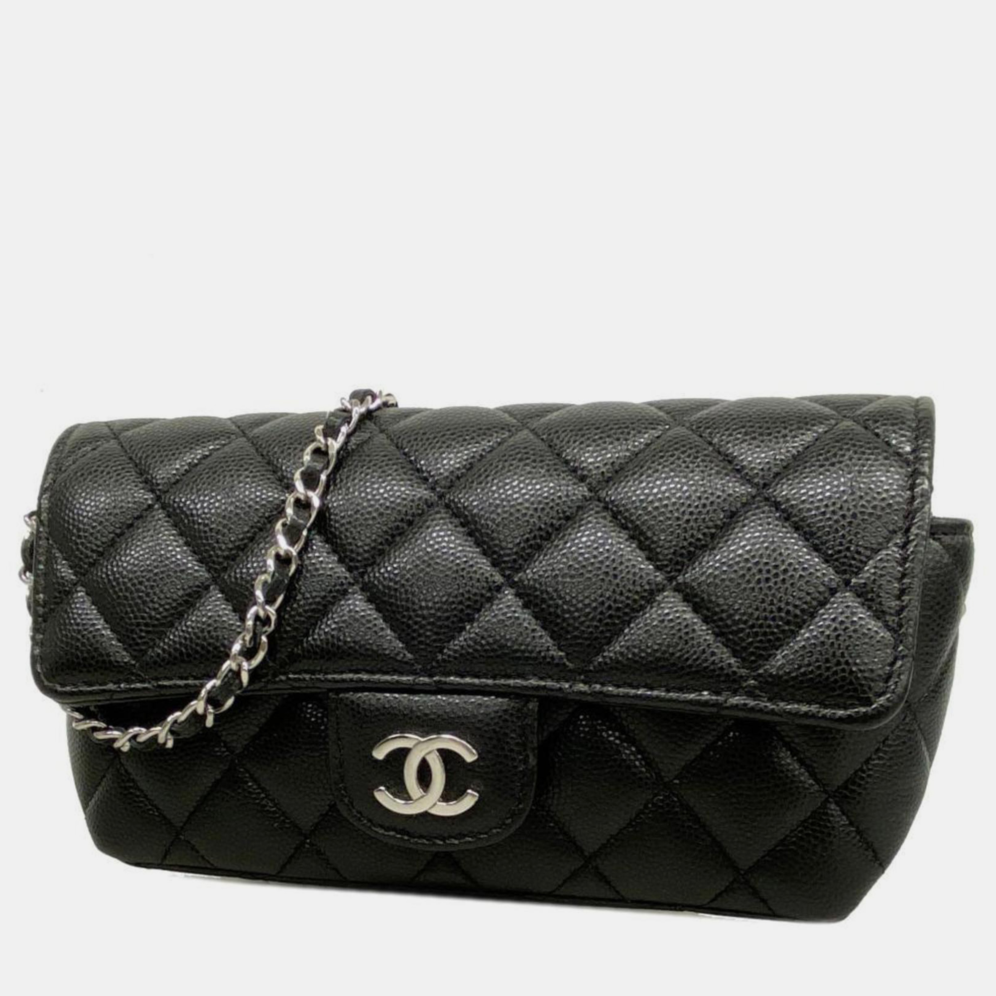Chanel black quilted grained calfskin glasses case on chain