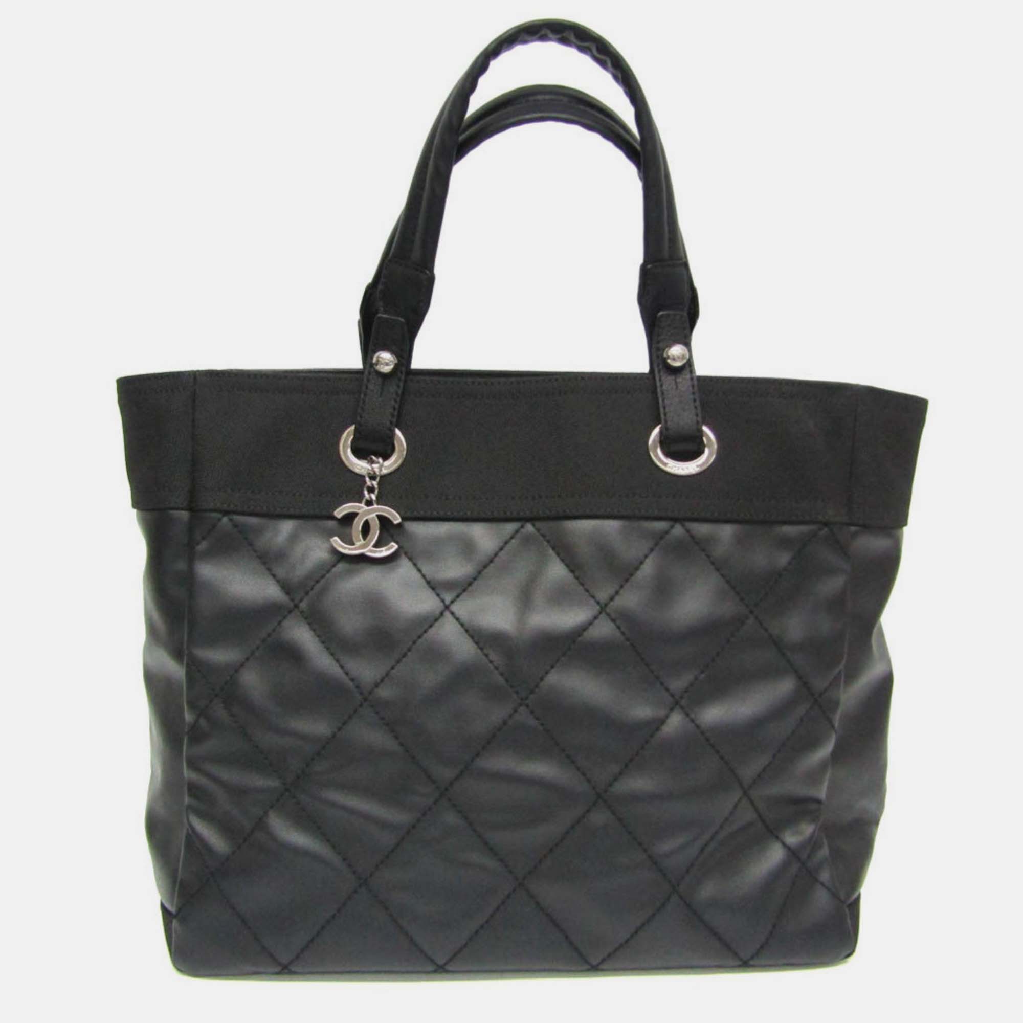 Chanel black quilted coated canvas large biarritz tote