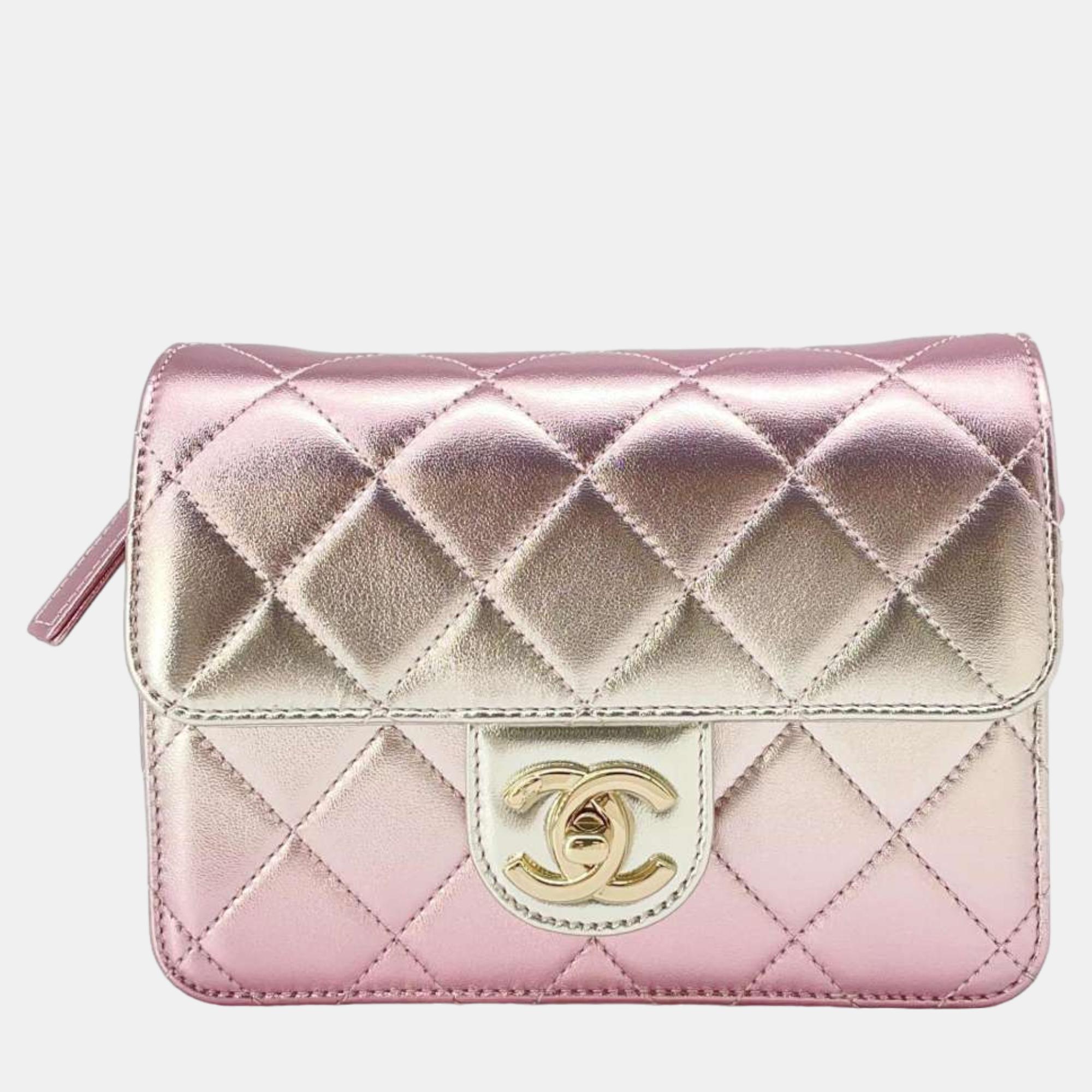 Chanel metalic pink lambskin leather mini flap bag