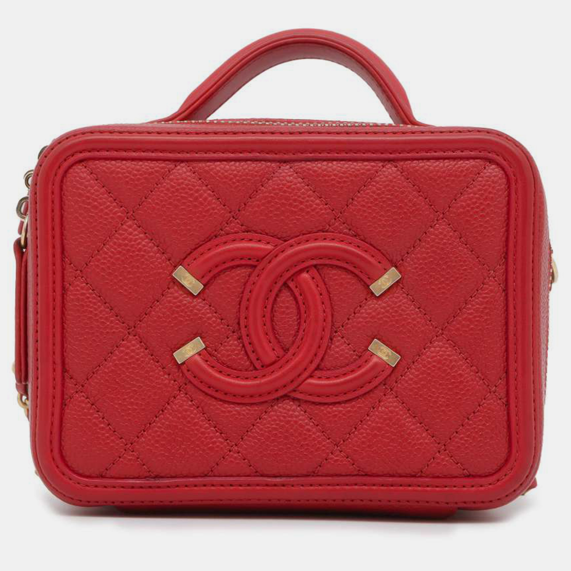 Chanel red caviar leather cc filigree vanity bag