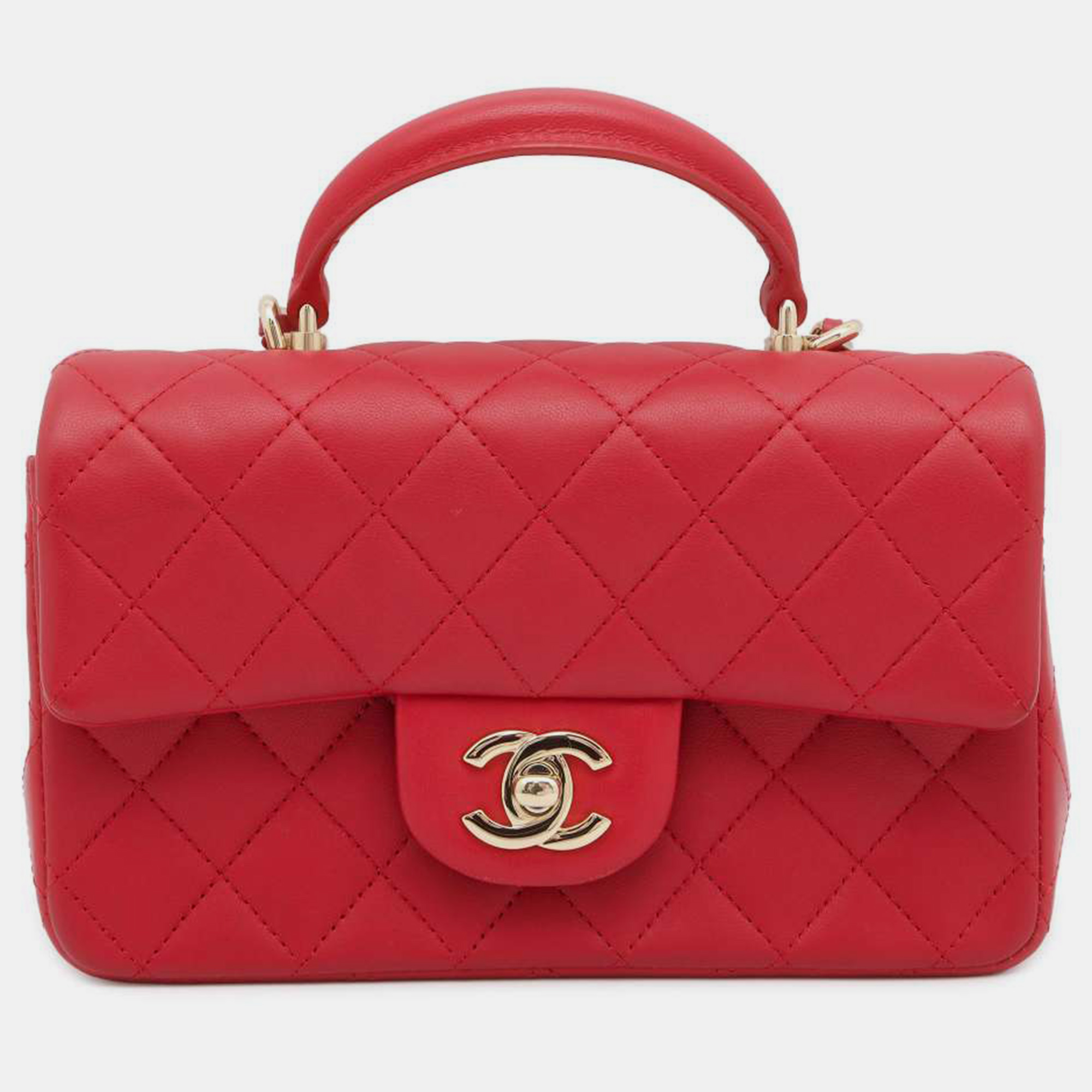 Chanel red leather top handle flap bag