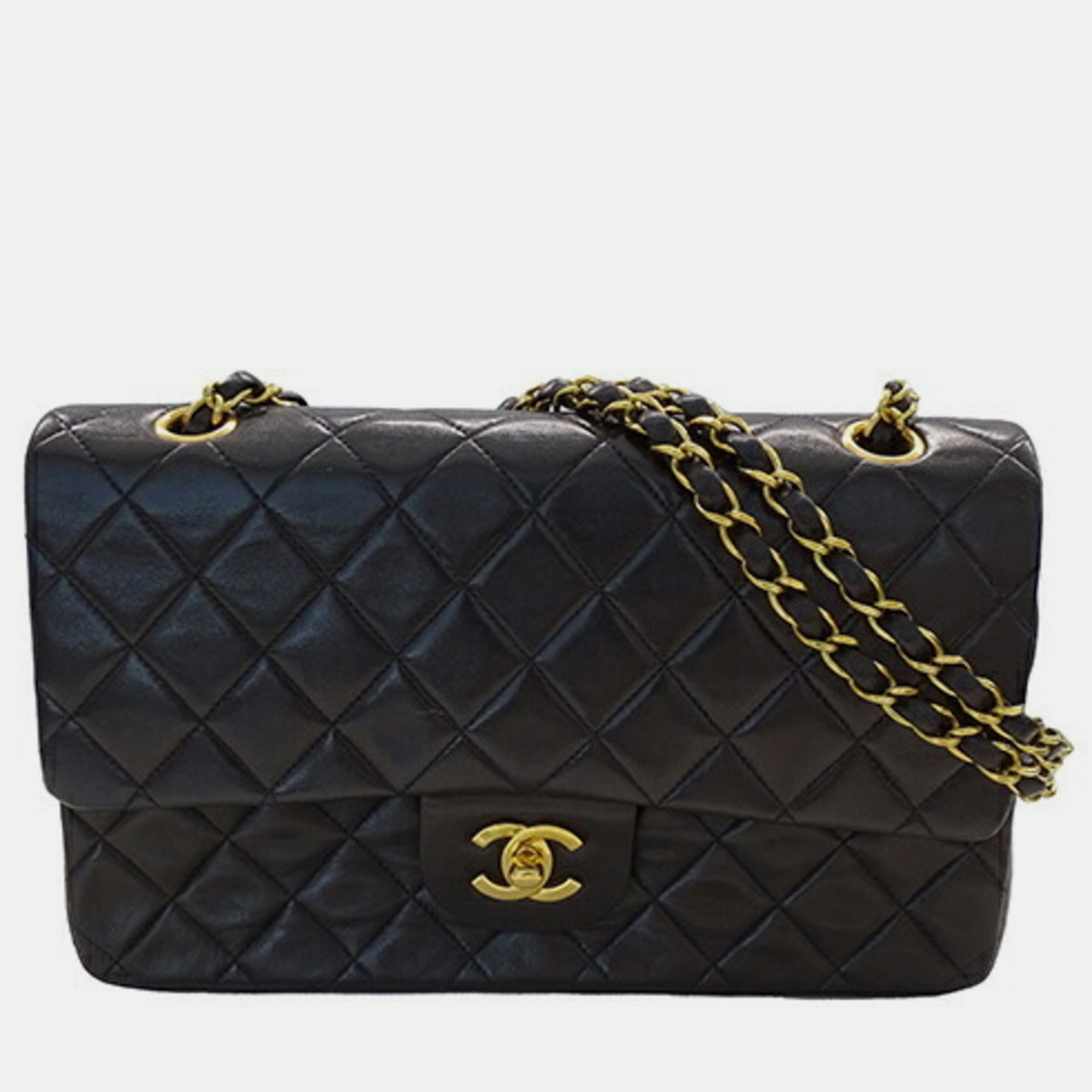 Chanel black lambskin leather medium classic double flap shoulder bags