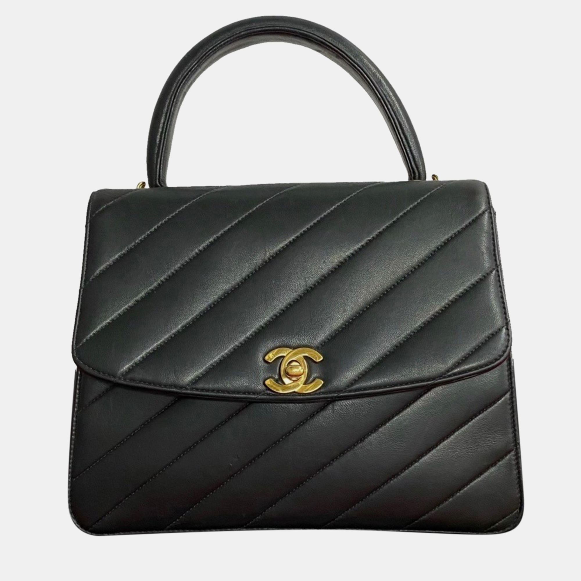 Chanel black lambskin quilted chevron hardware top handle kelly shoulder bag