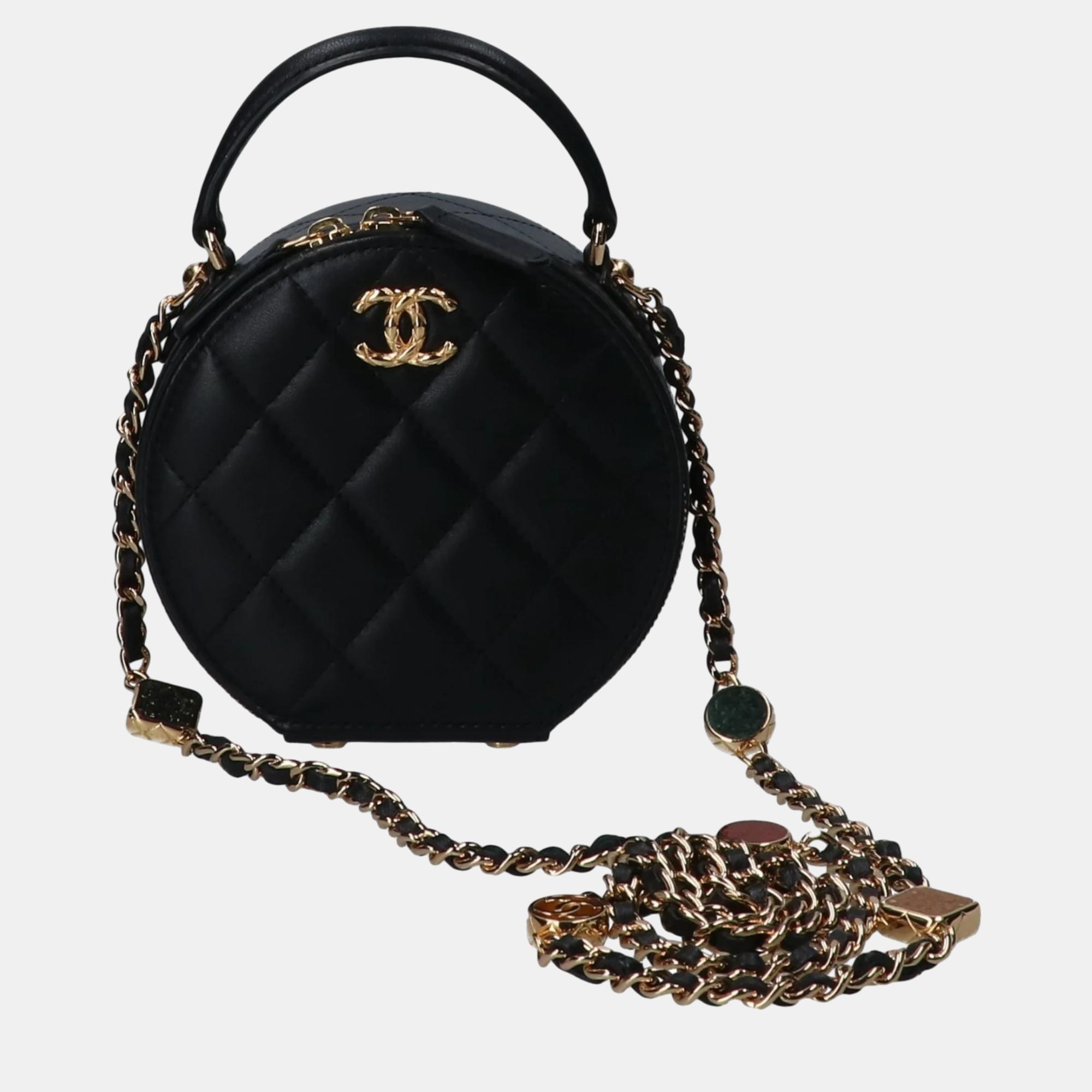 Chanel black leather round small vanity case shoulder bag