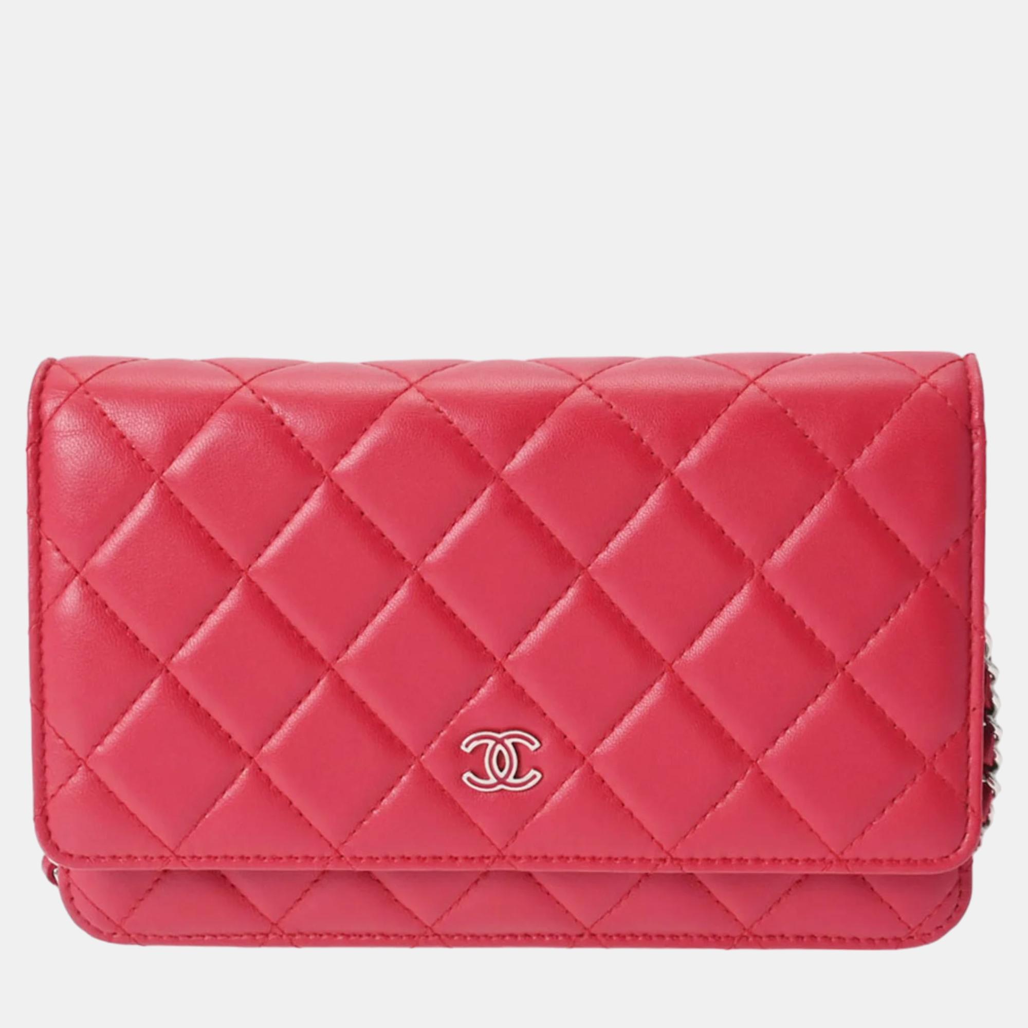 Chanel pink leather classic wallet on chain