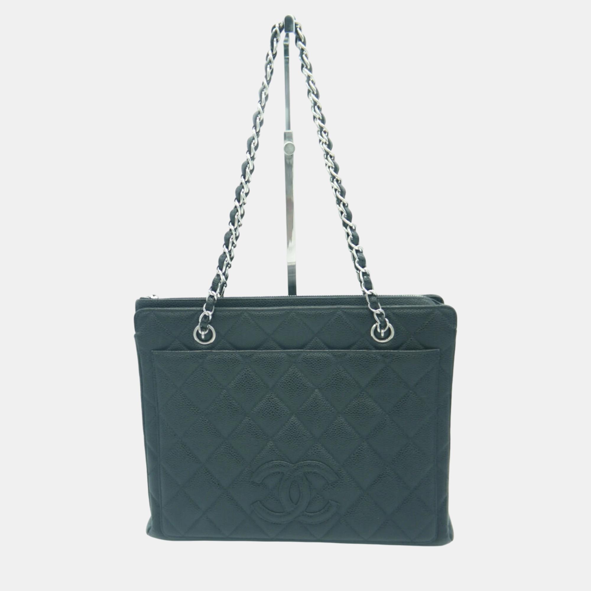 Chanel black leather cc v tote bag