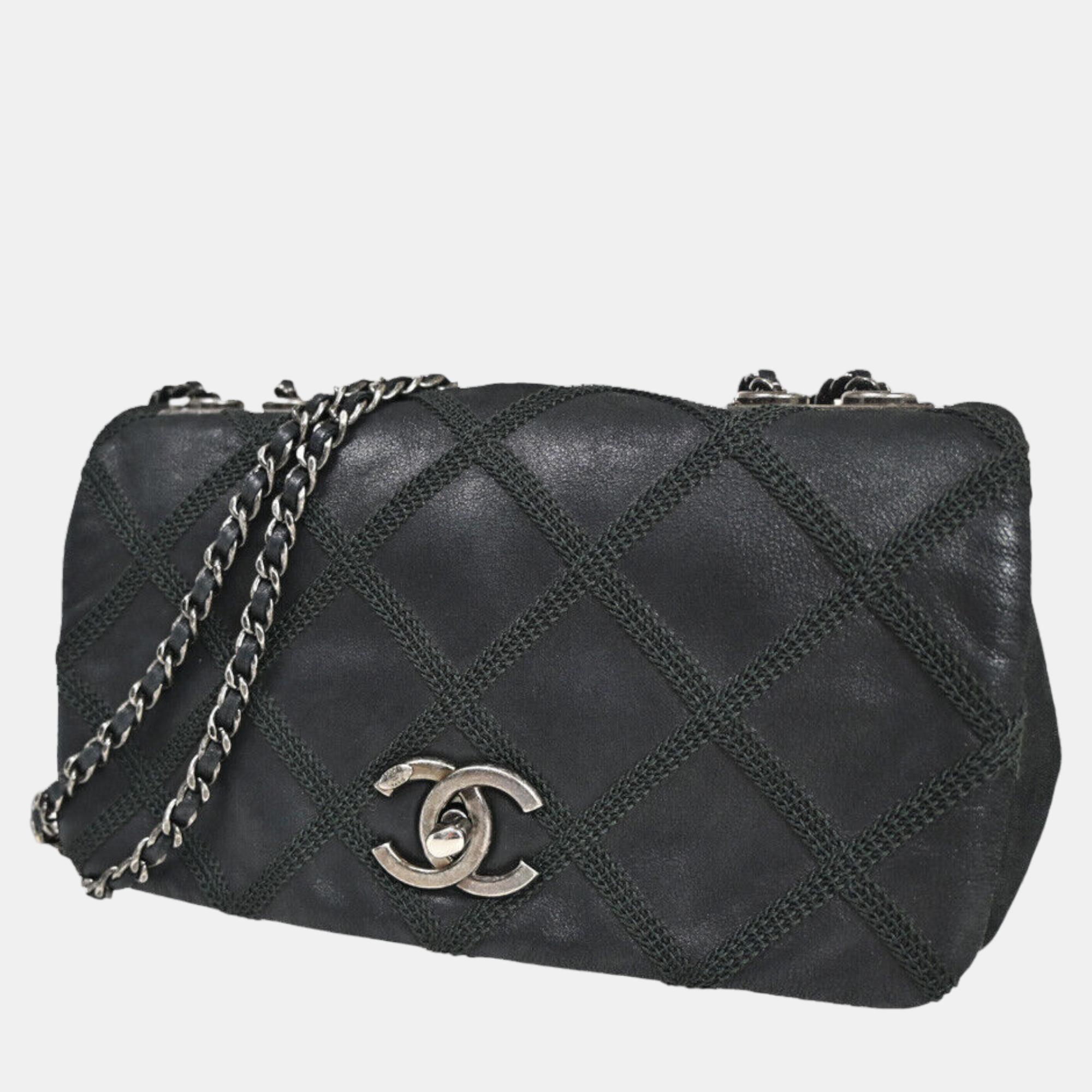 Chanel black diamond embossed calfskin small new chic flap bag