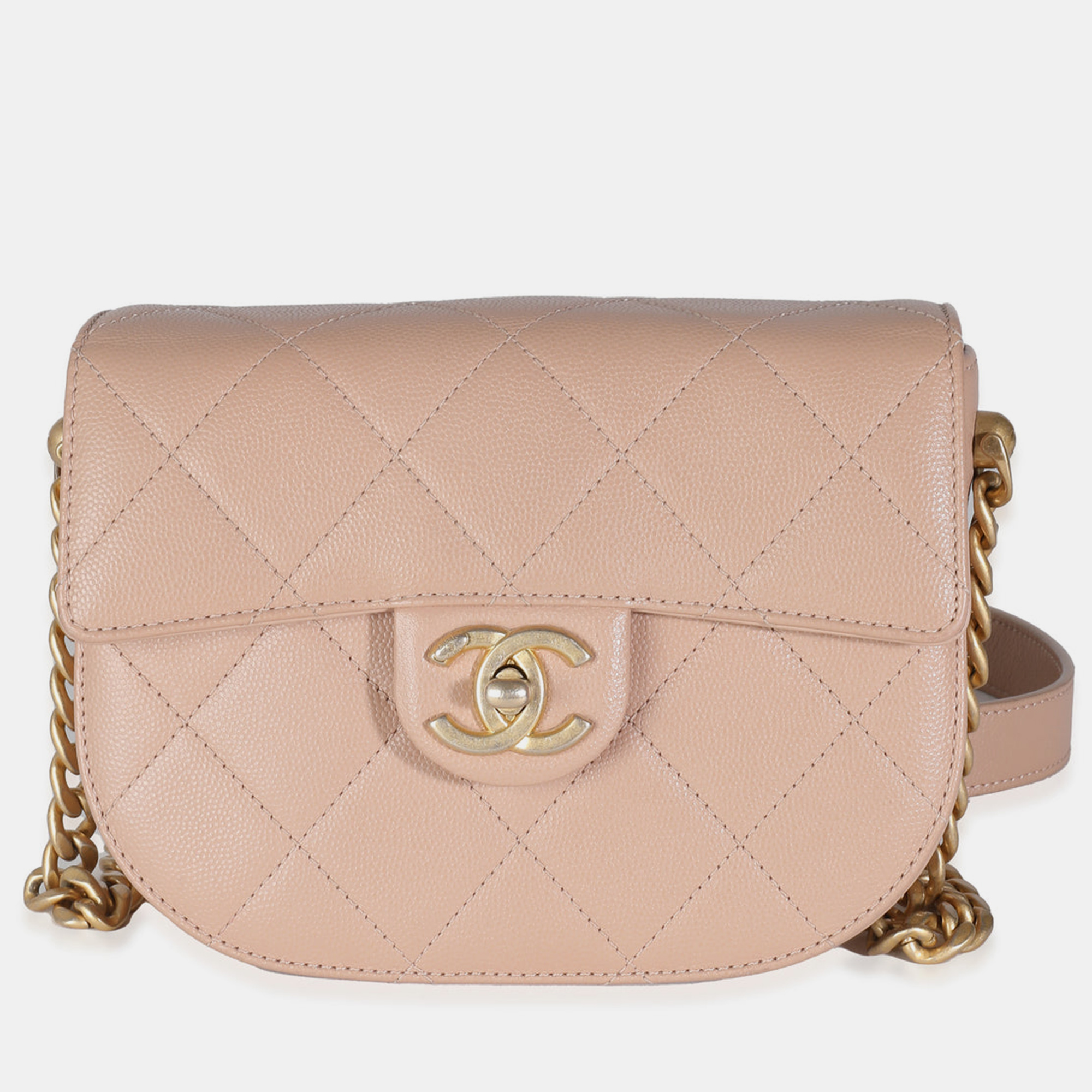 Chanel beige quilted caviar mini round messenger bag
