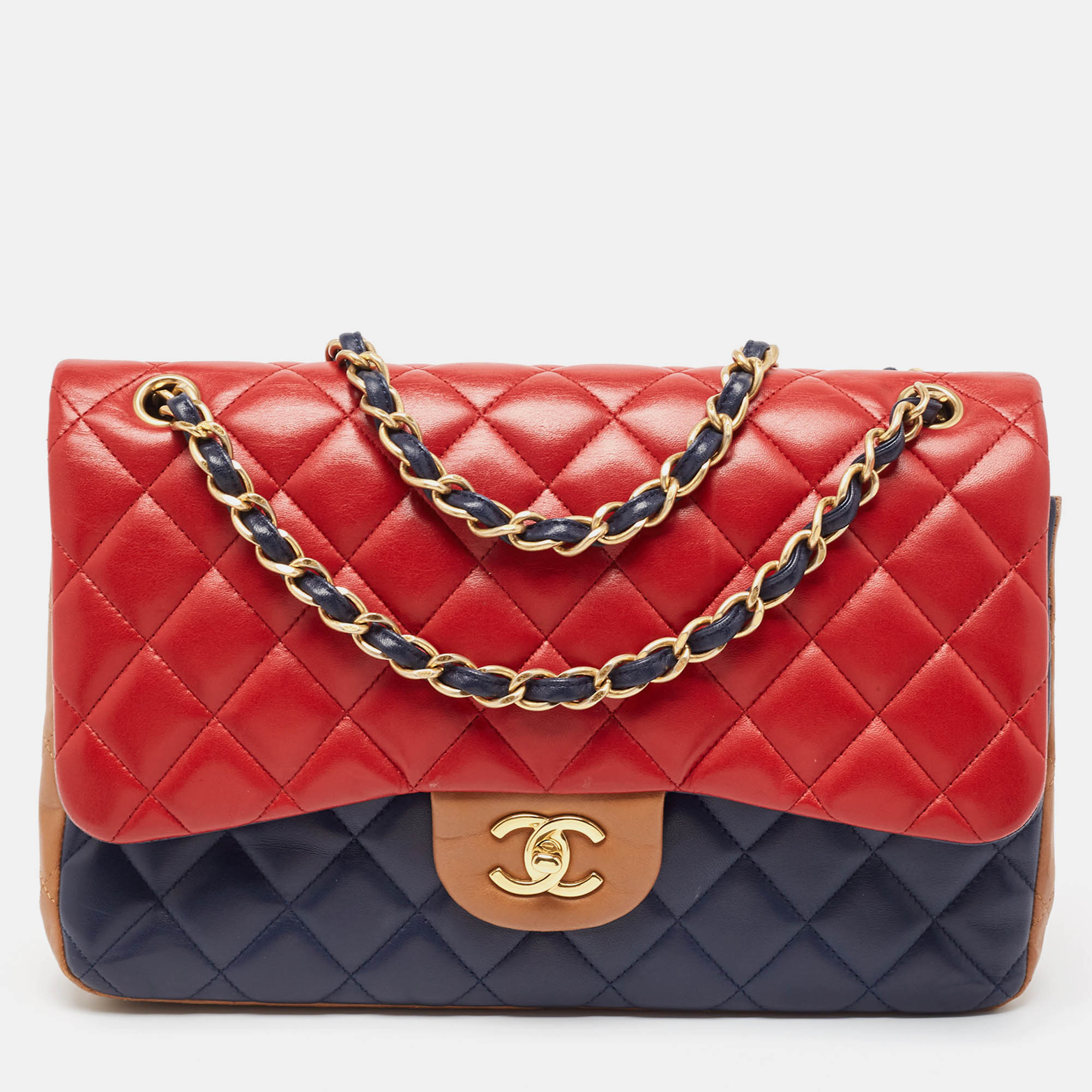 Chanel tricolor quilted lambskin leather jumbo classic double flap bag