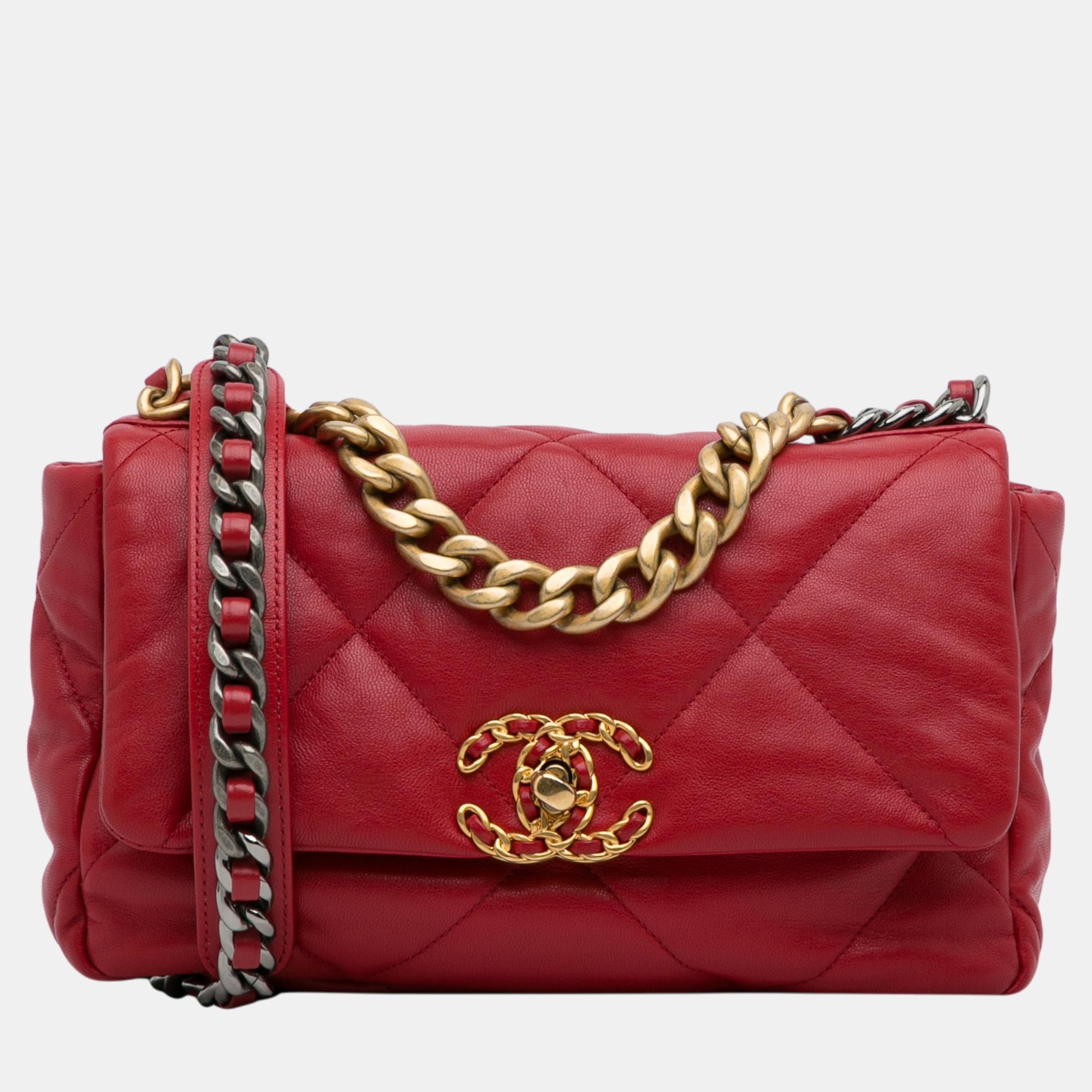 Chanel red medium lambskin 19 flap bag