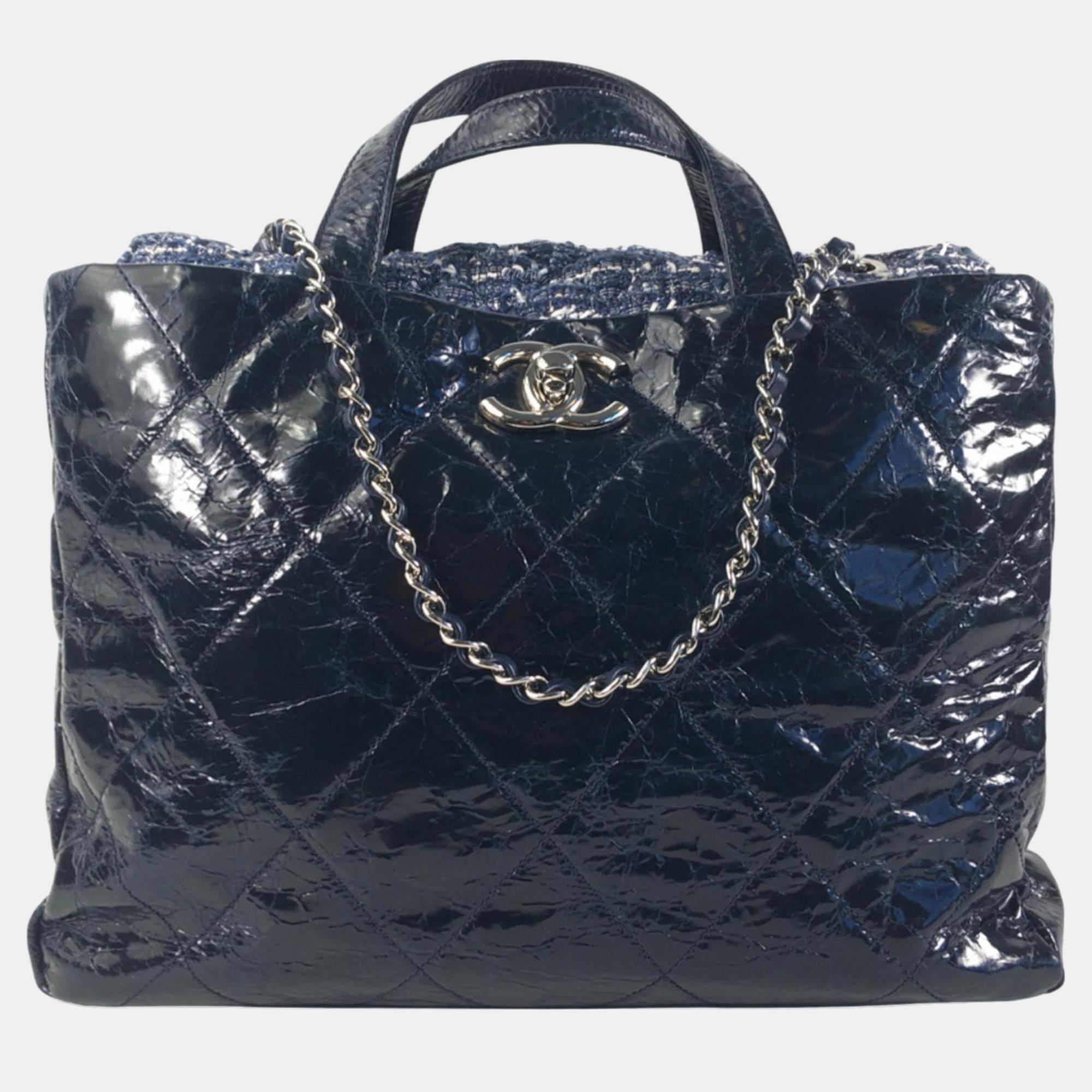 Chanel navy blue glazed calfskin portobello satchel