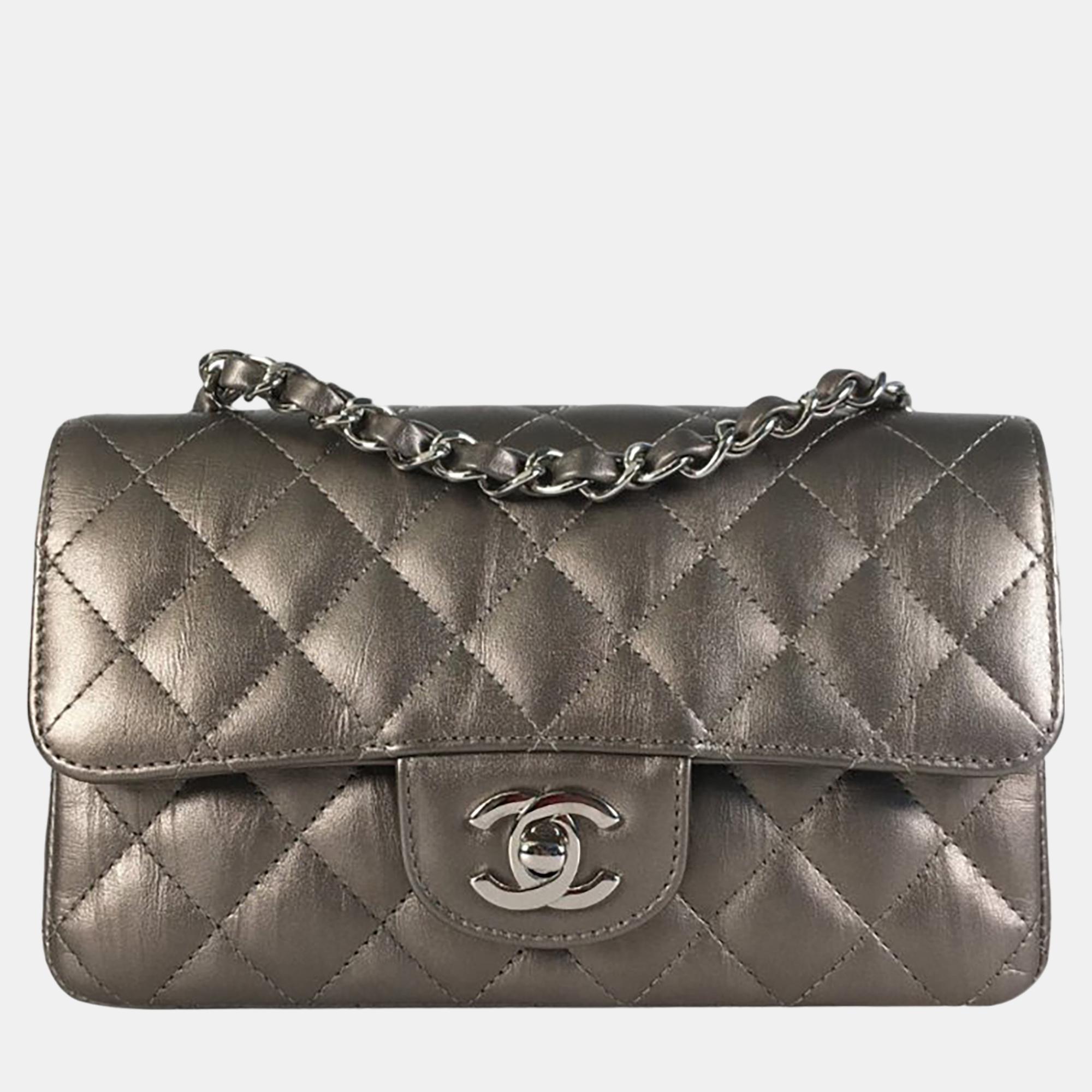 Chanel grey mini rectangular classic metallic calfskin single flap