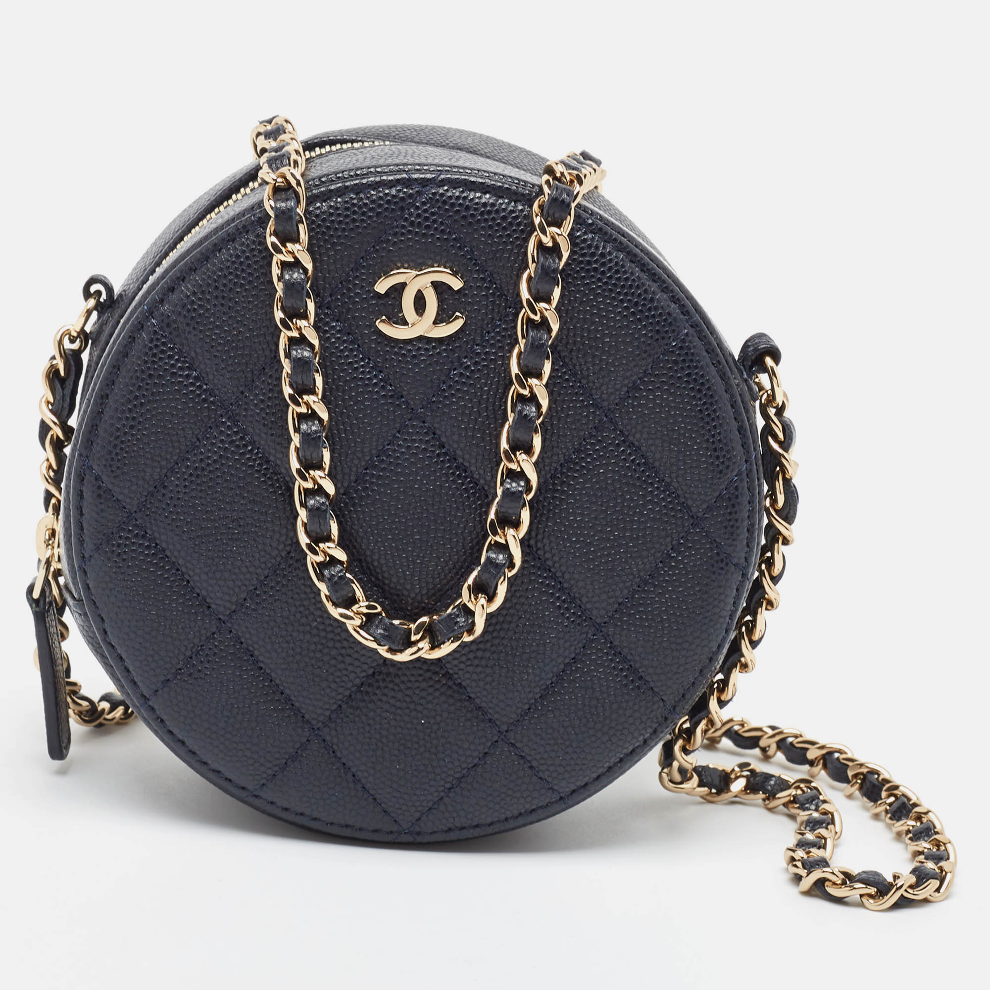 Chanel navy blue quilted caviar leather cc round chain clutch