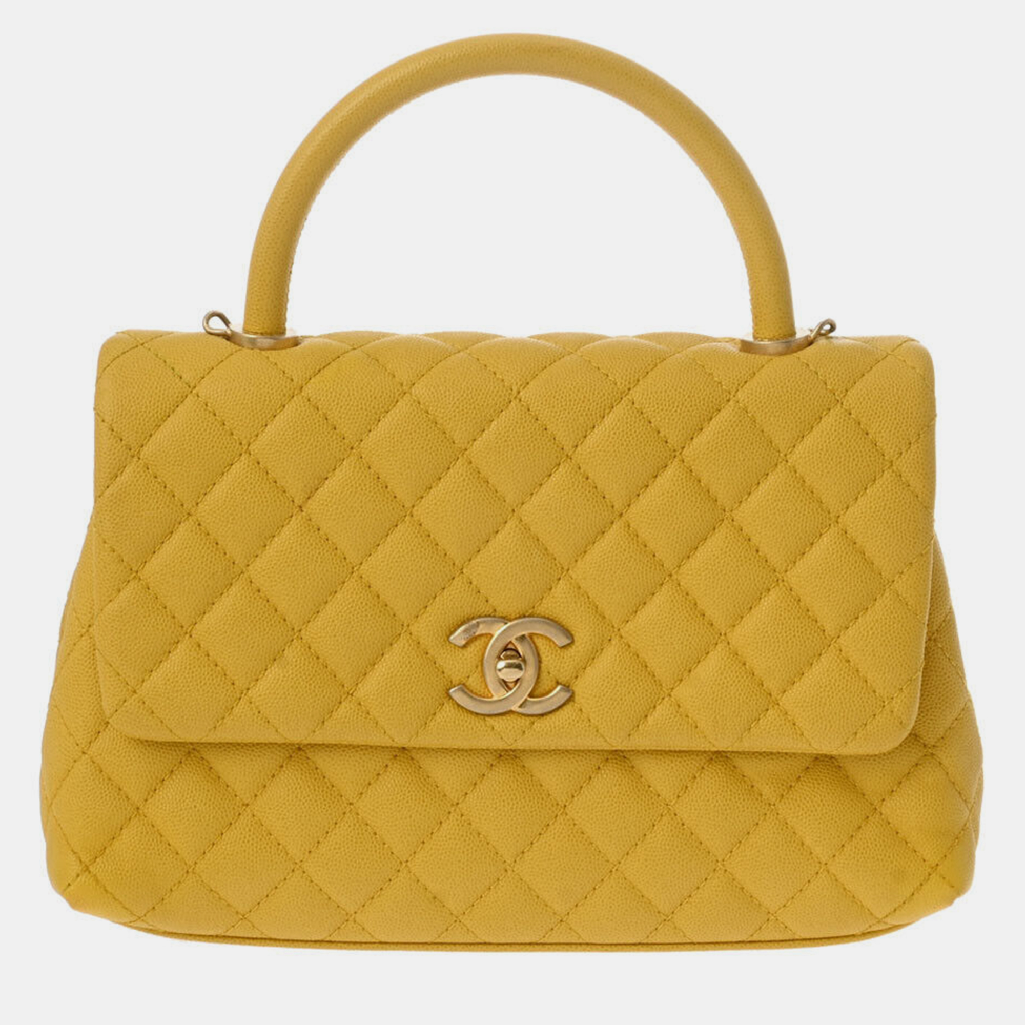 Chanel yellow caviar leather coco top handle bag