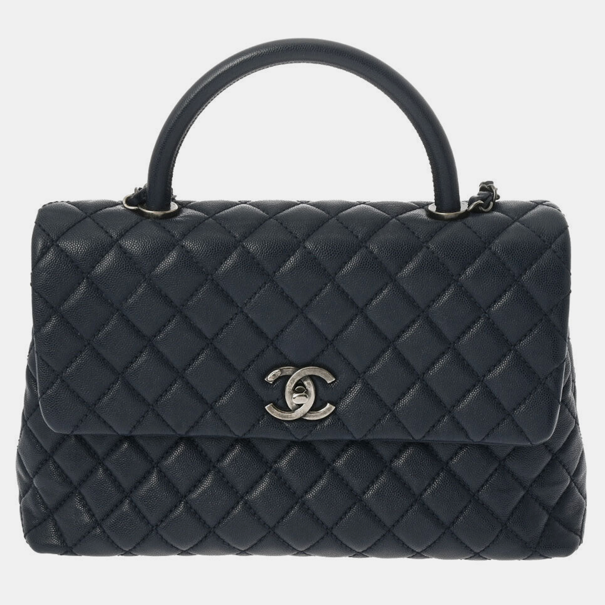 Chanel navy blue caviar leather coco top handle bag