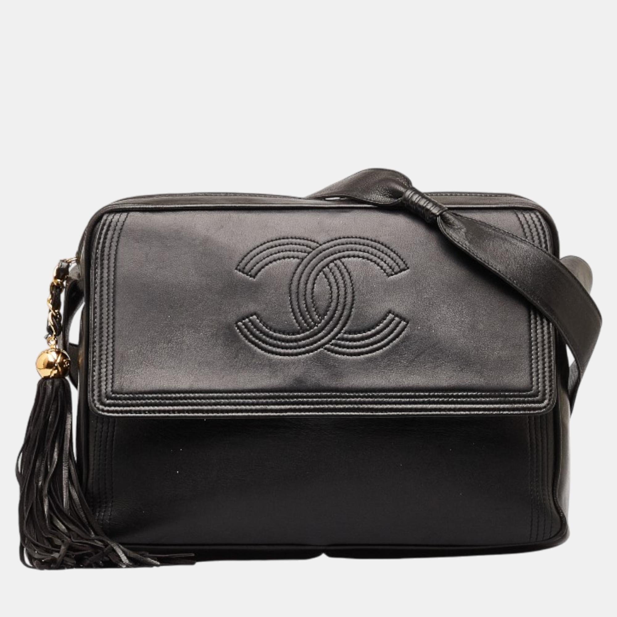 Chanel black leather cc leather fringe camera bag