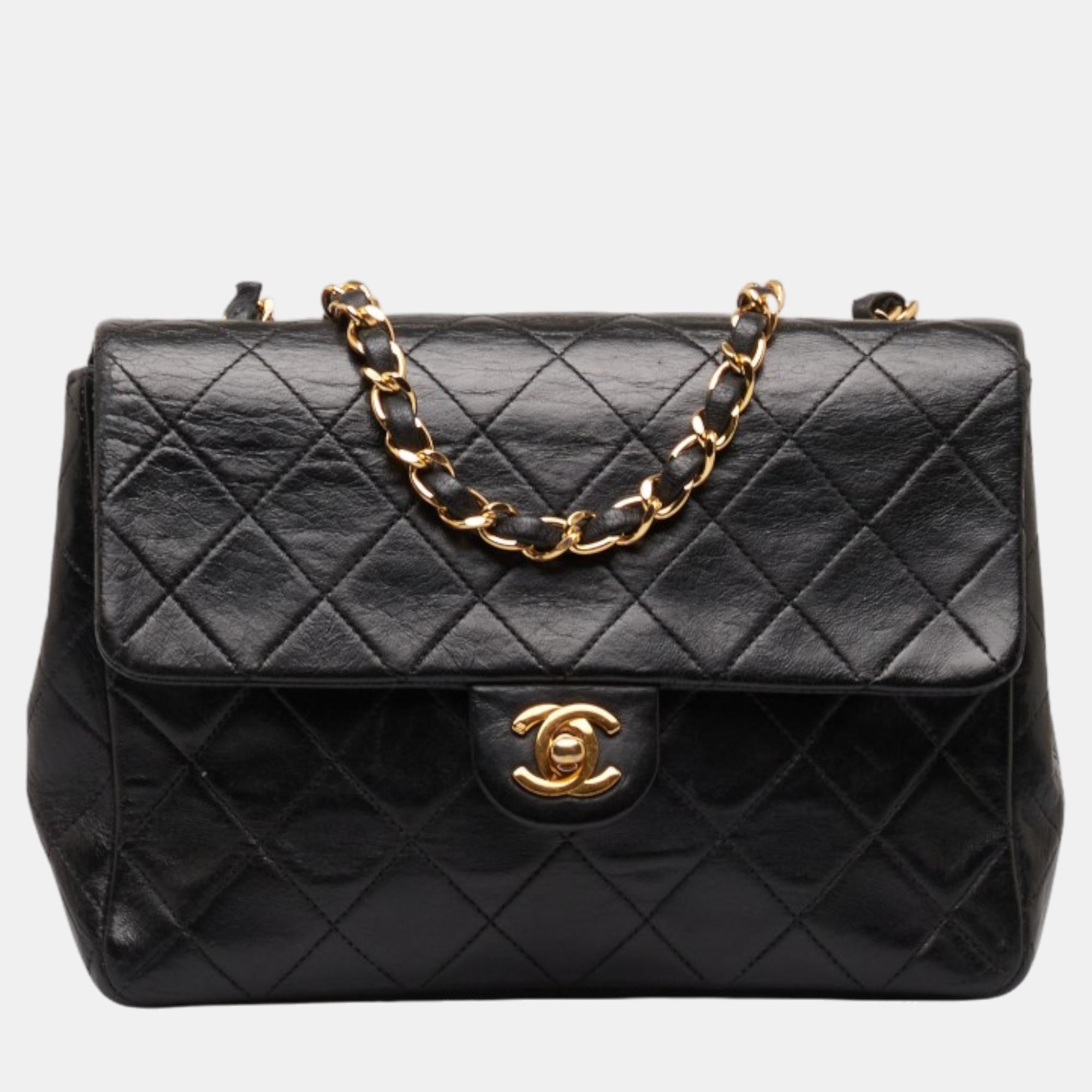 Chanel black leather mini classic square single flap bag