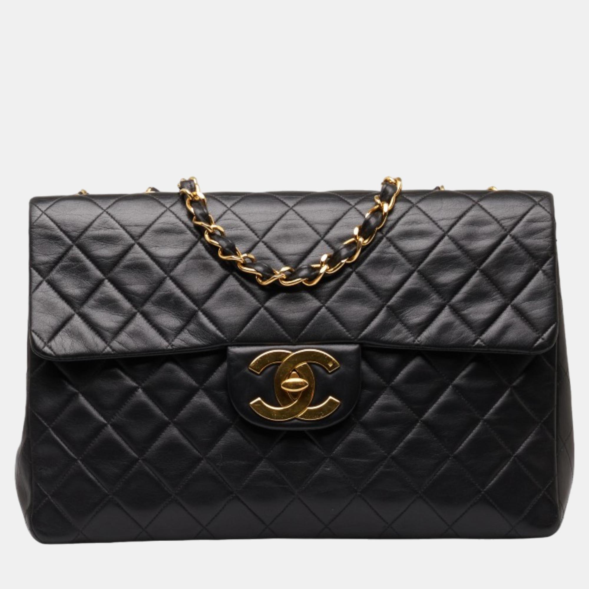 Chanel black lambskin leather large classic single flap shoulder bag