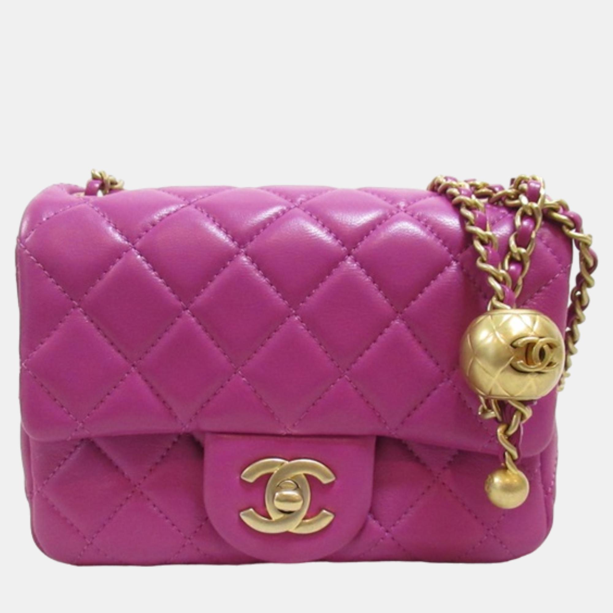 Chanel purple leather cc mini matelasse flap bag