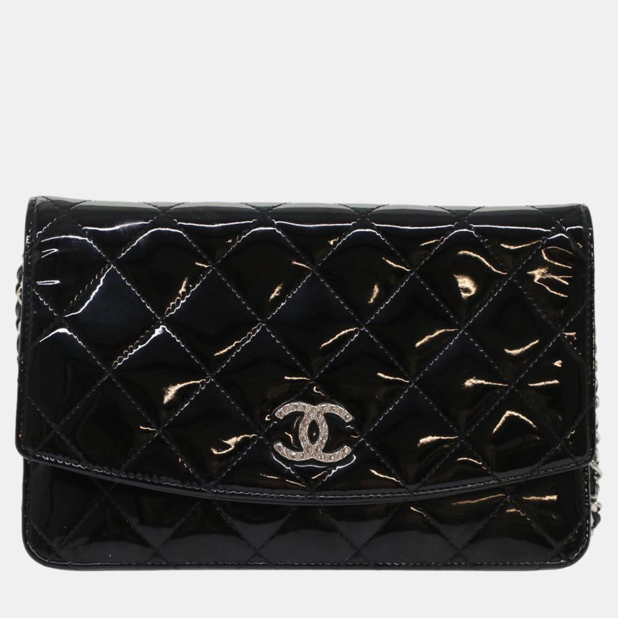 Chanel black patent leather wallet on chain wallet bag