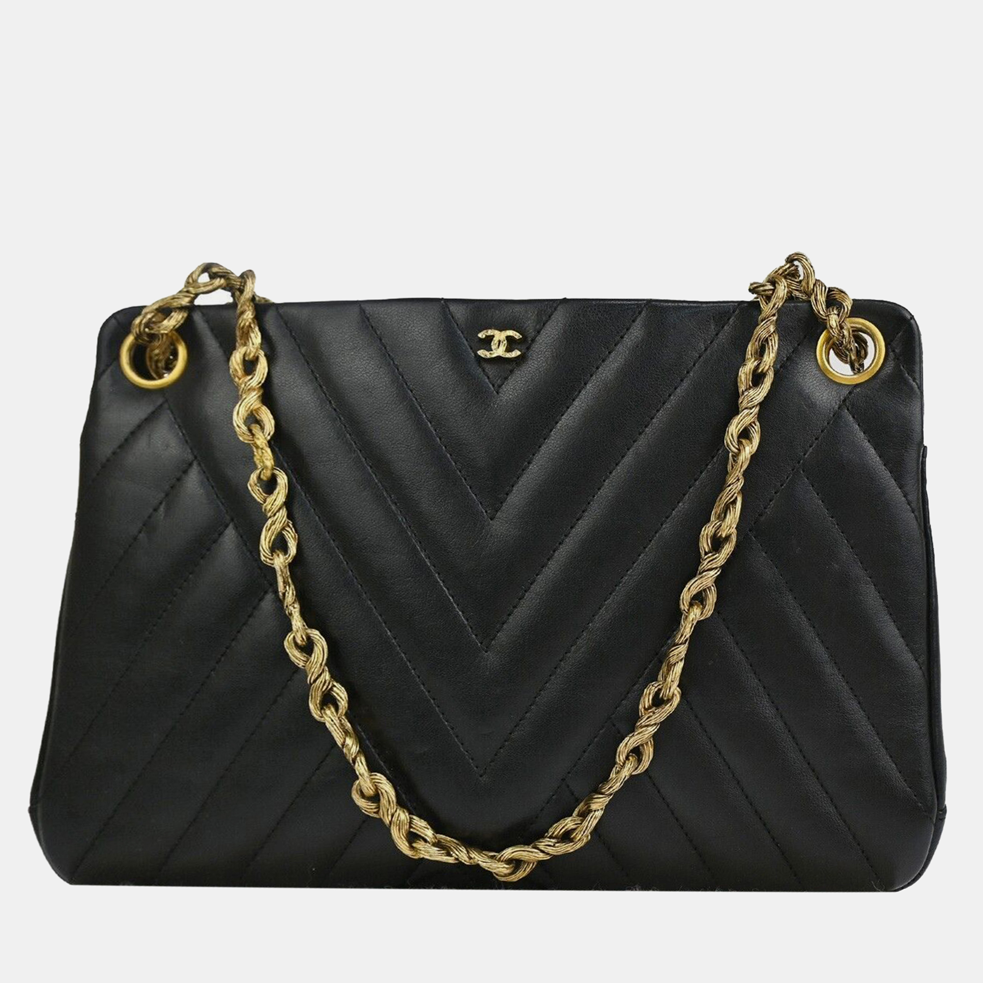 Chanel black leather chevron handbag