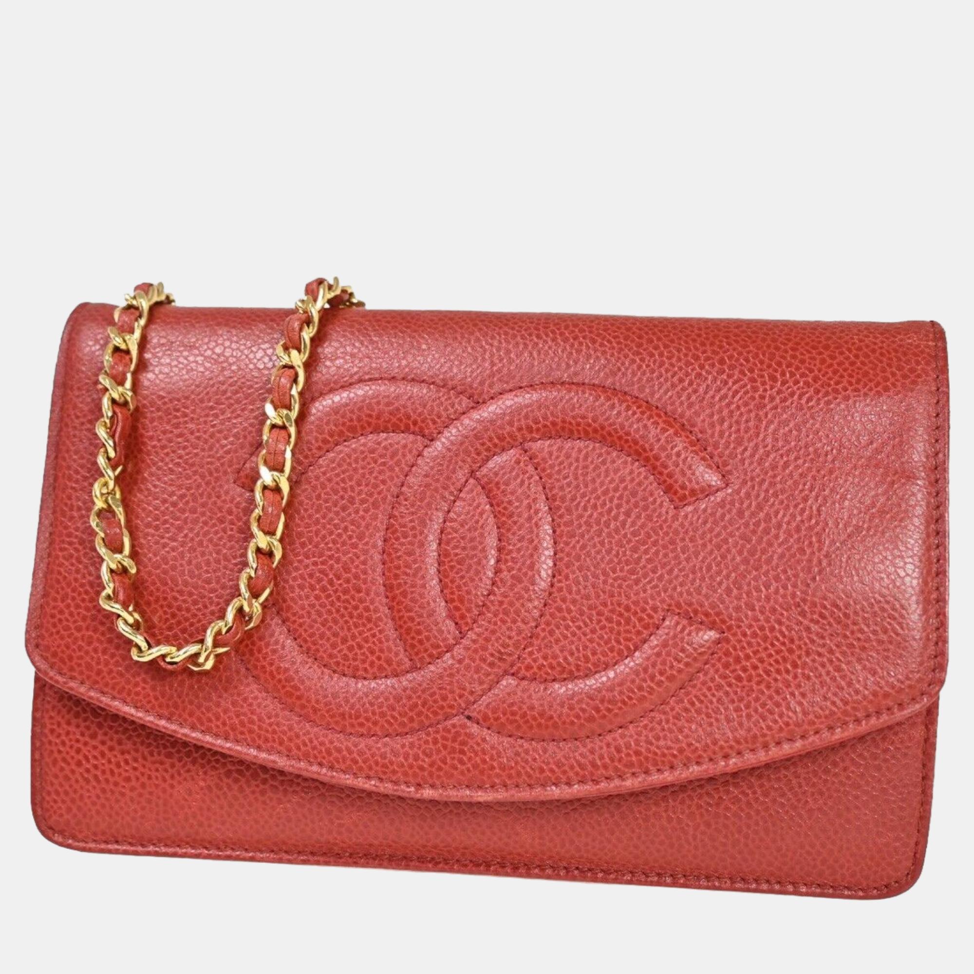 Chanel red leather wallet on chain handbag