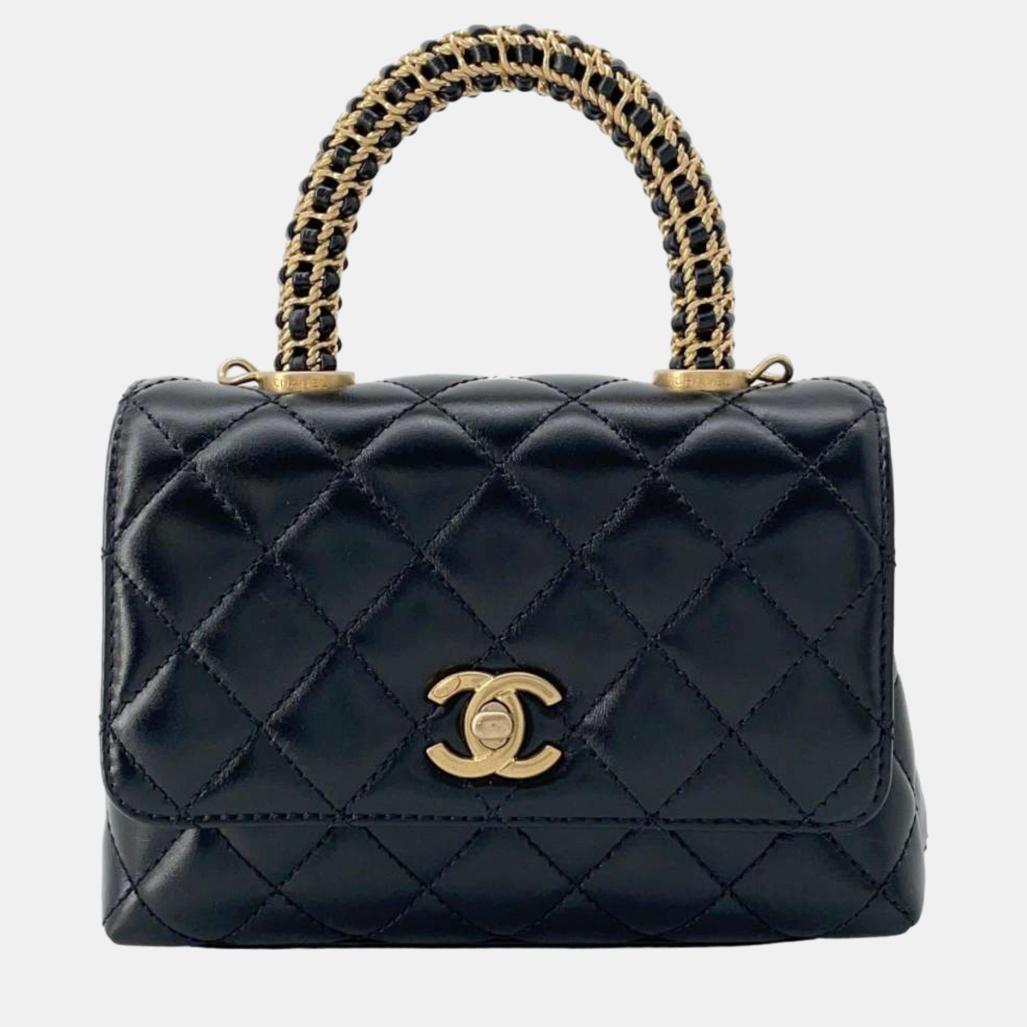Chanel black leather extra mini woven chain coco handle bag
