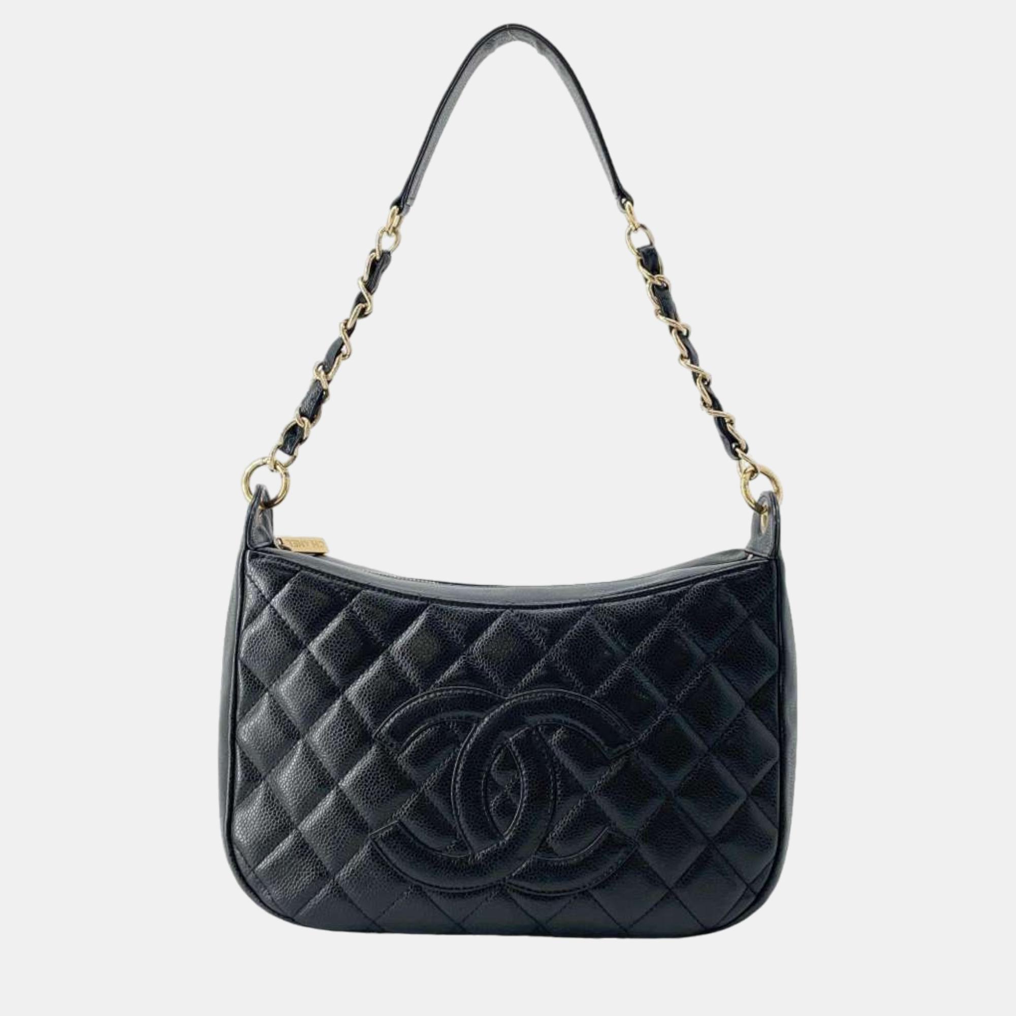 Chanel black caviar leather matelass&eacute; chain shoulder bag