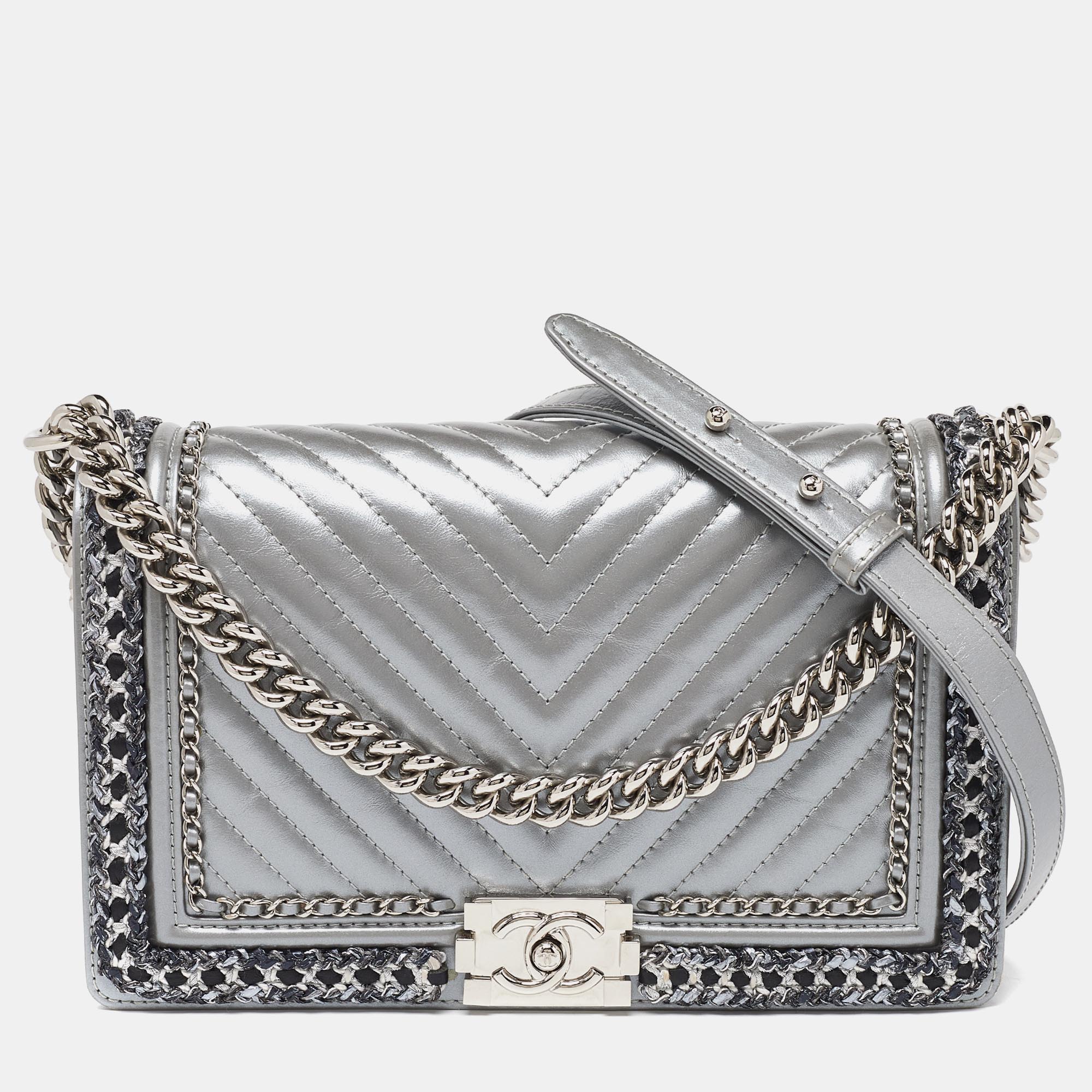 Chanel silver quilted leather new medium boy flap bag