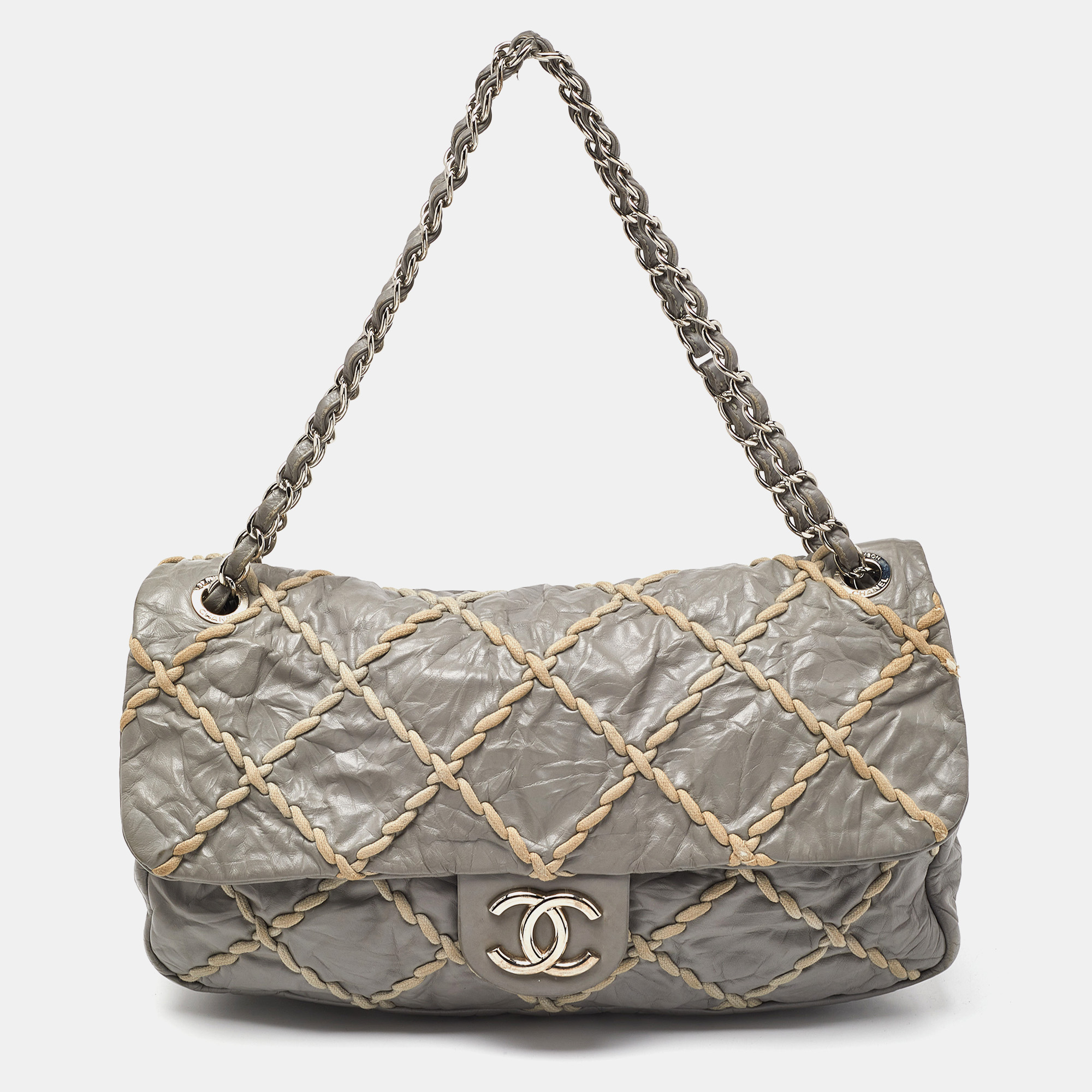 Chanel grey quilted crinkled leather ultra stitch classic flap bag