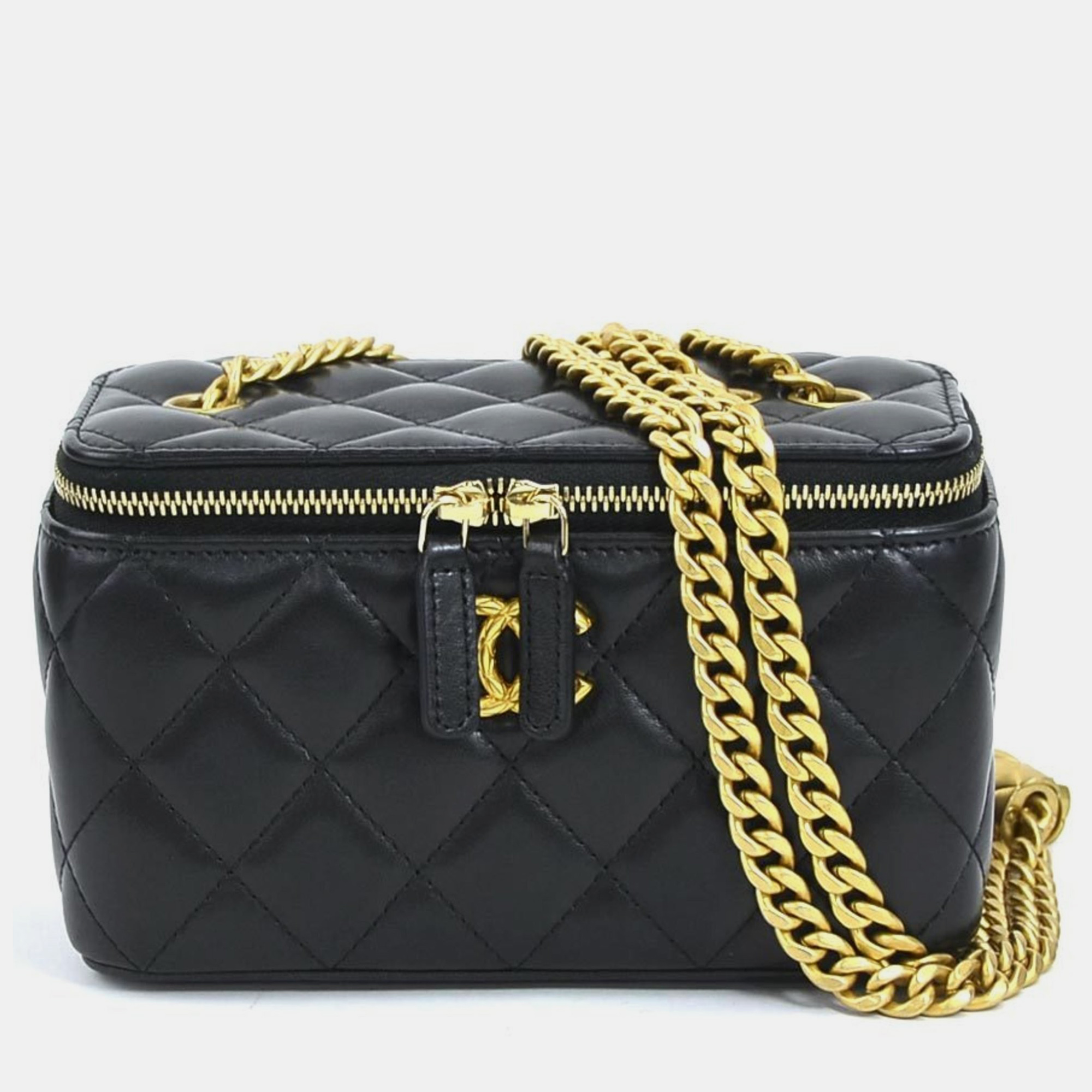 Chanel black quilted lambskin pearl crush vanity box