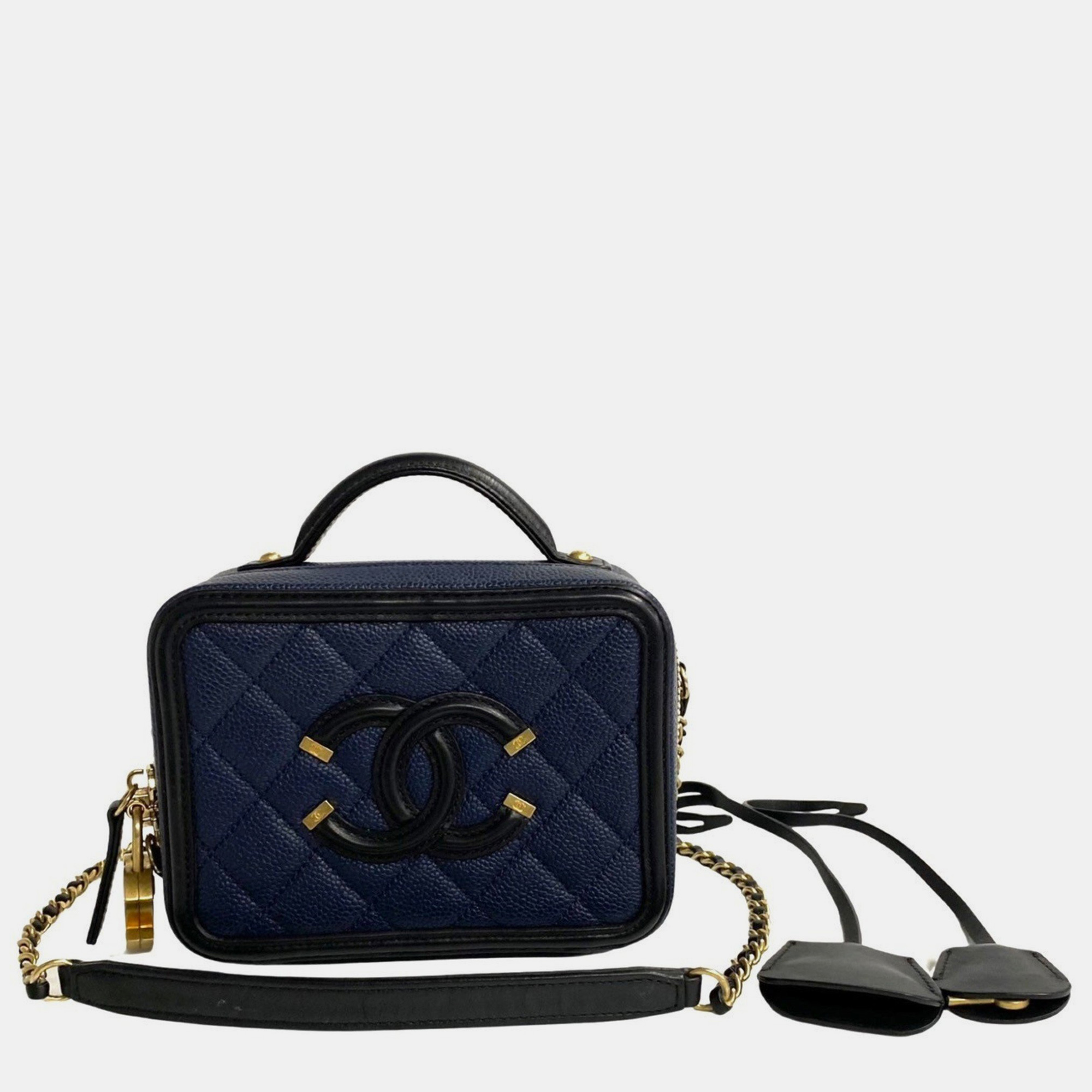 Chanel blue/black quilted caviar small filigree vanity case