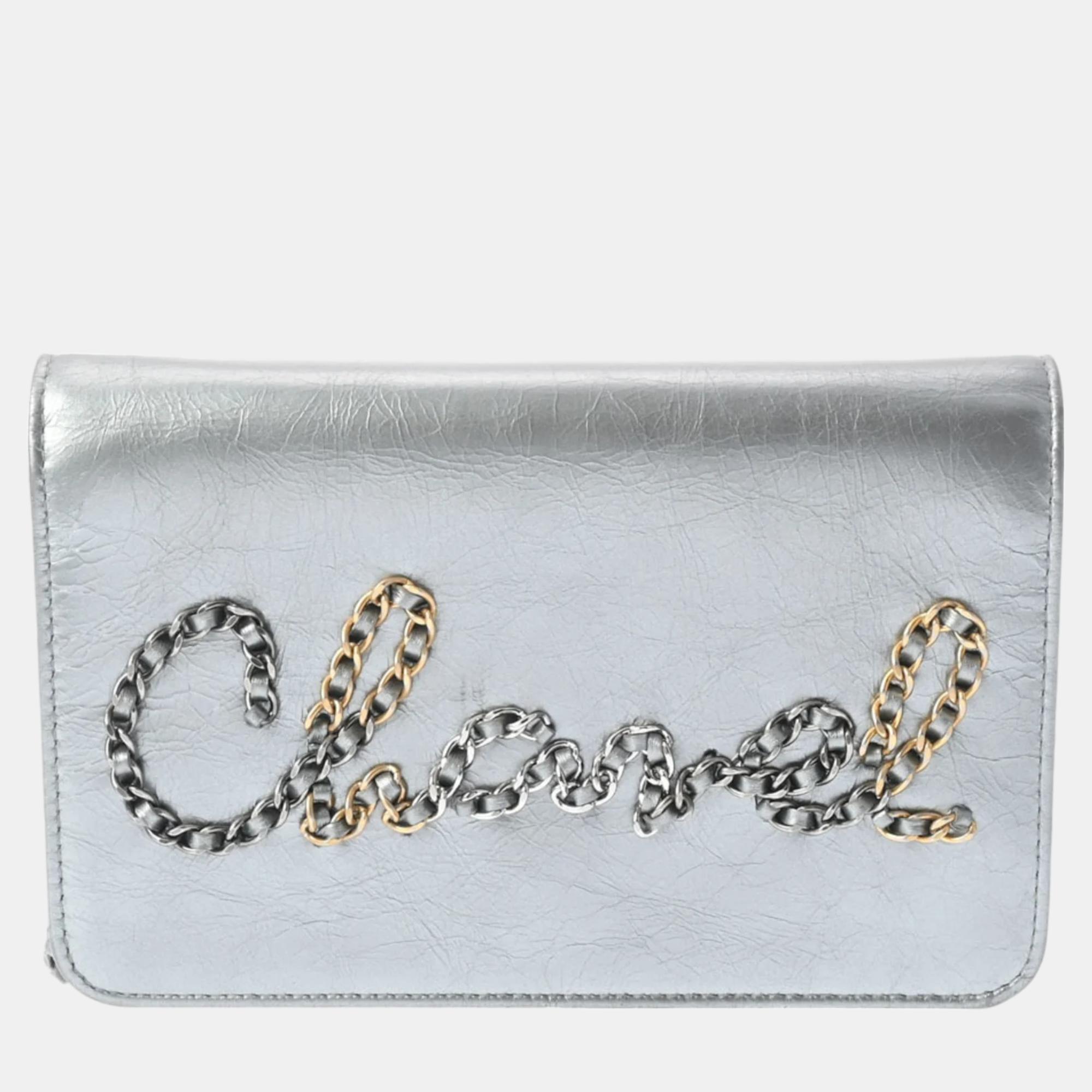 Chanel silver leather written in chain wallet on chain