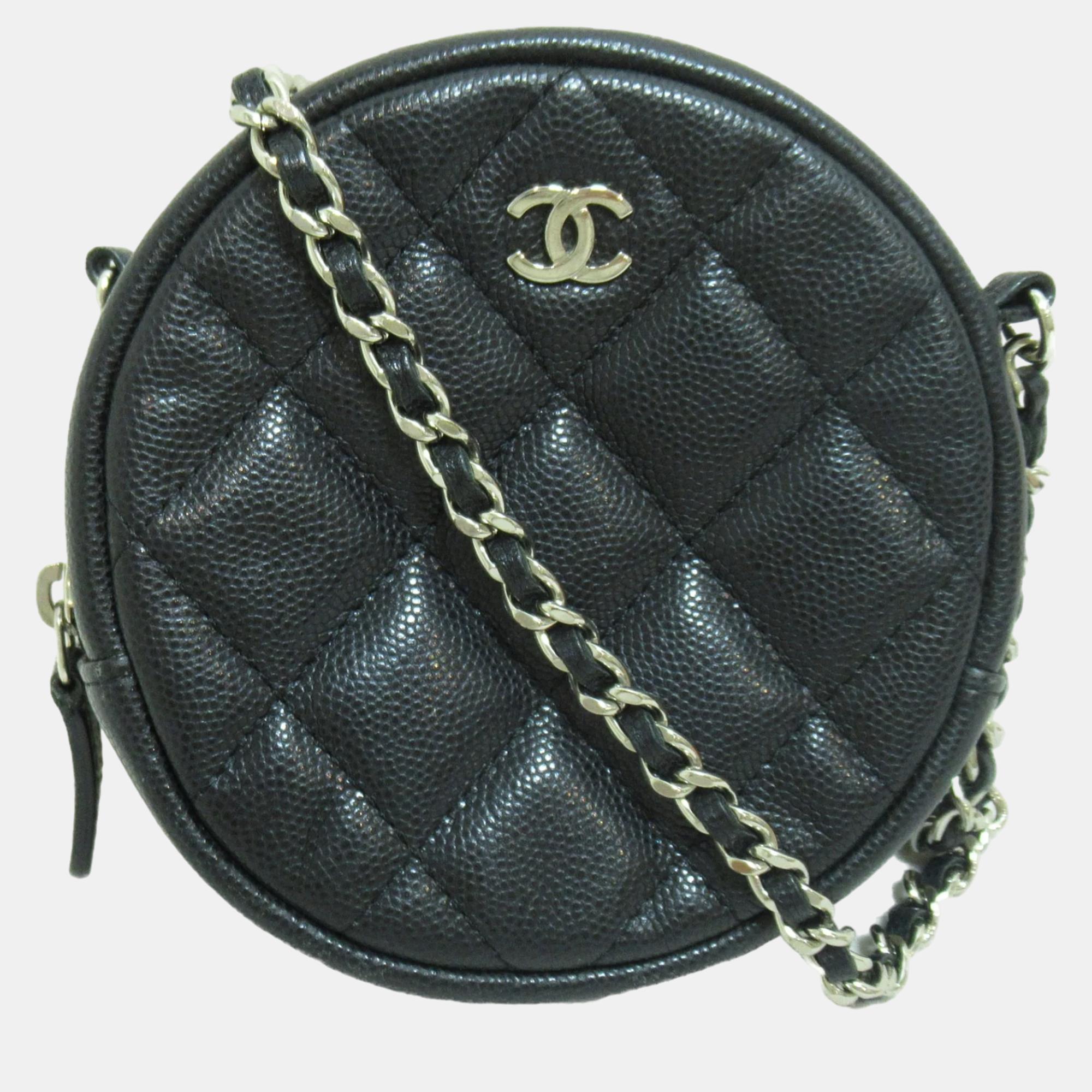 Chanel black quilted caviar mini round clutch with chain