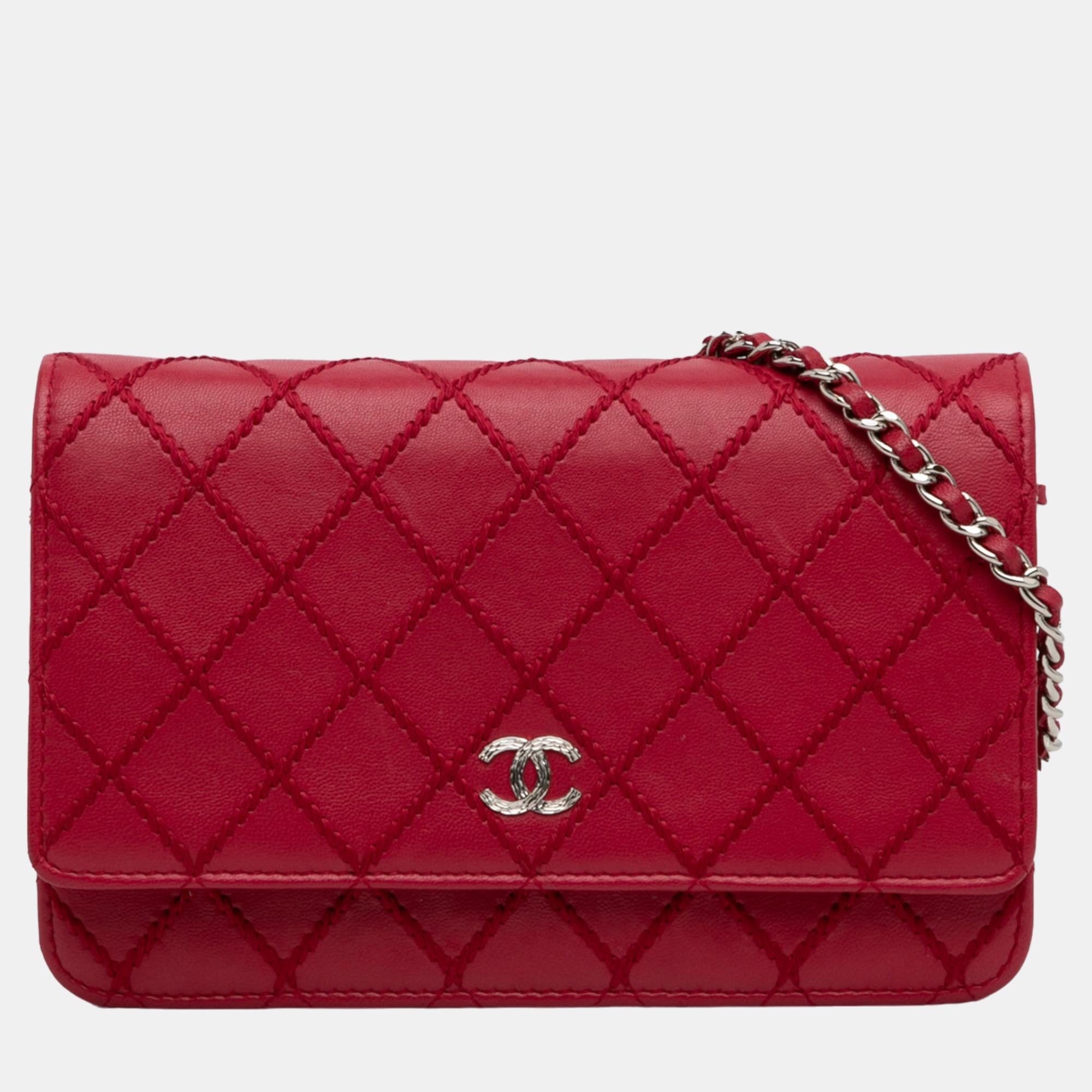Chanel red cc wild stitch wallet on chain