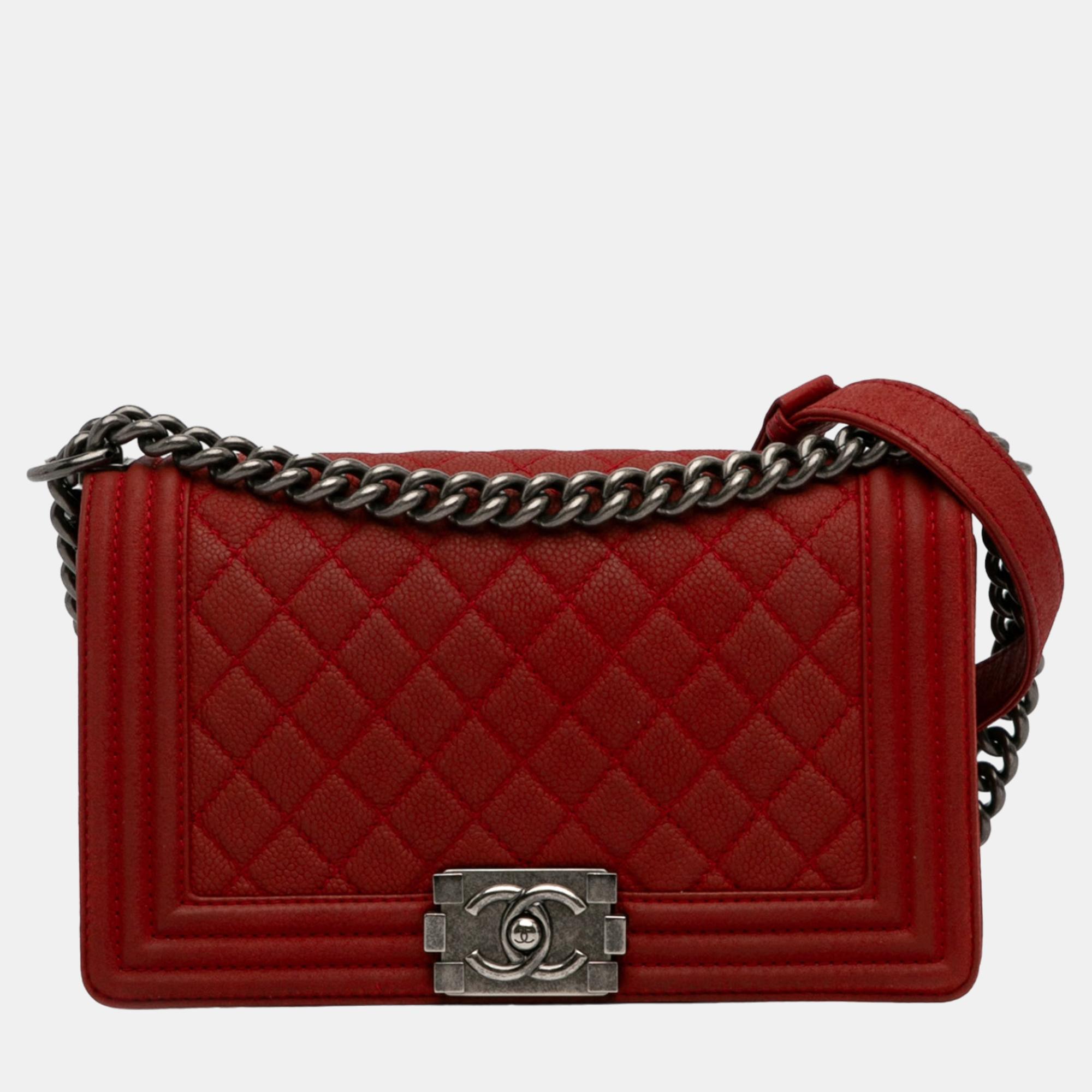 Chanel red medium caviar boy flap bag