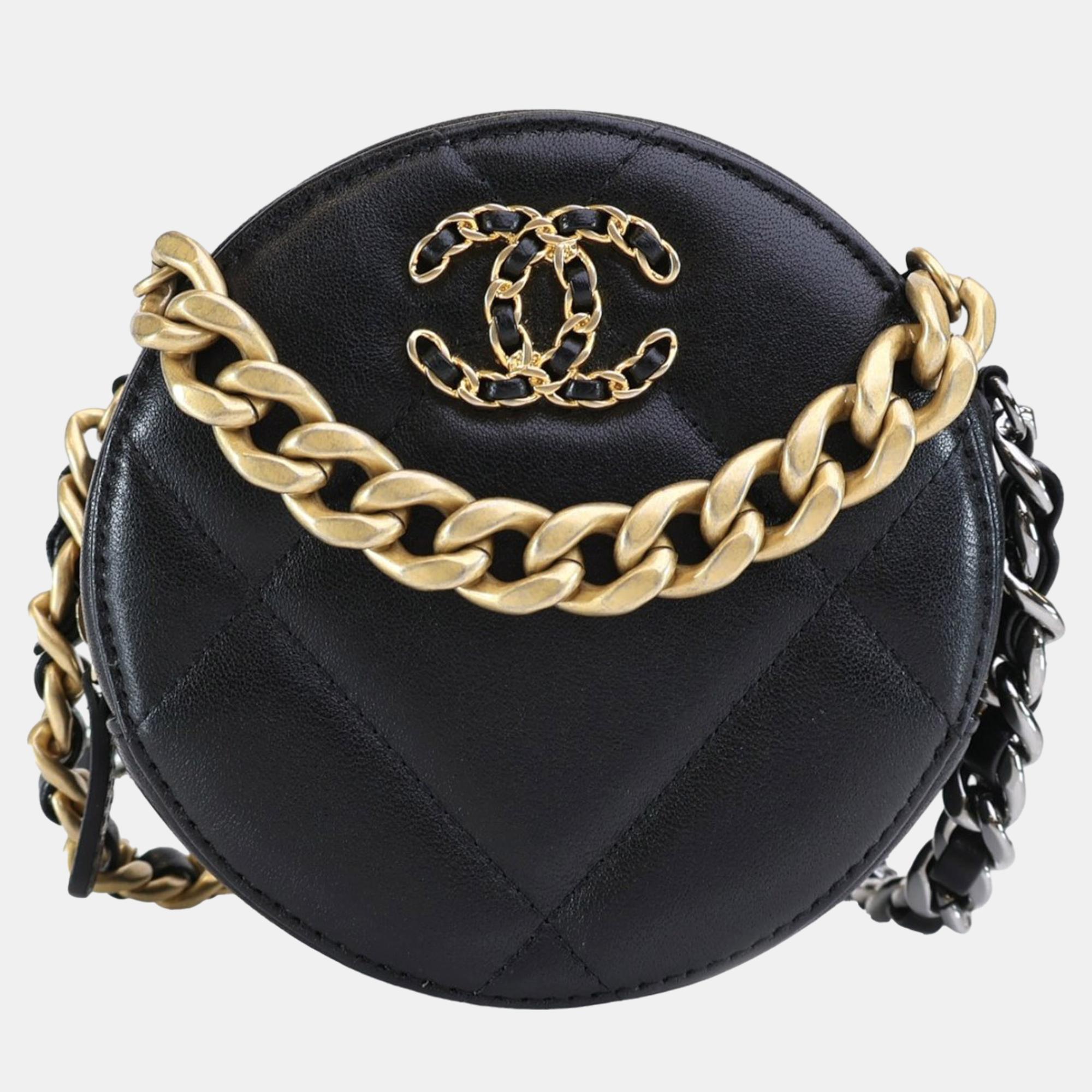 Chanel black lambskin 19 round clutch with chain